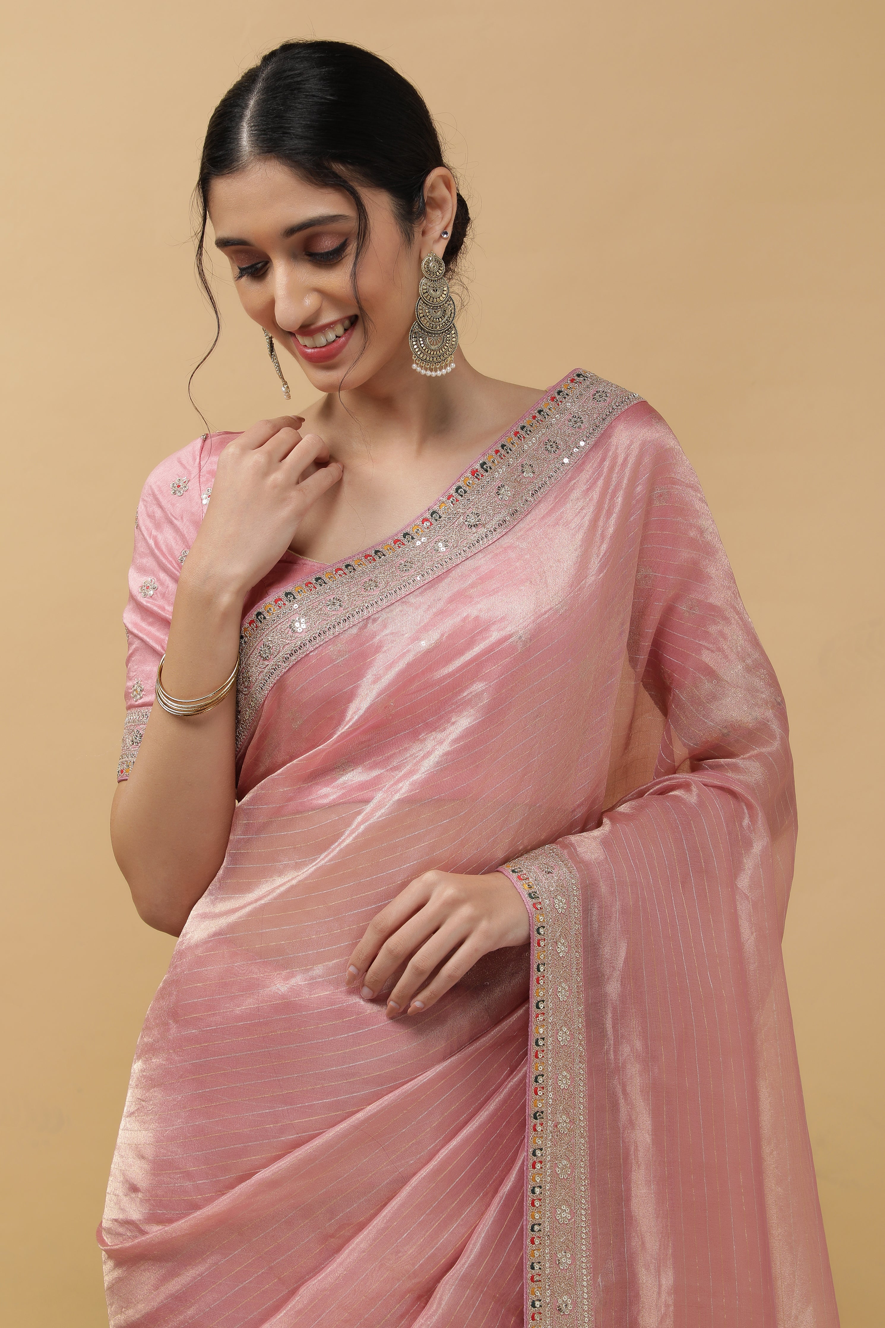 Peach Organza Tissue Saree - Mokshaa