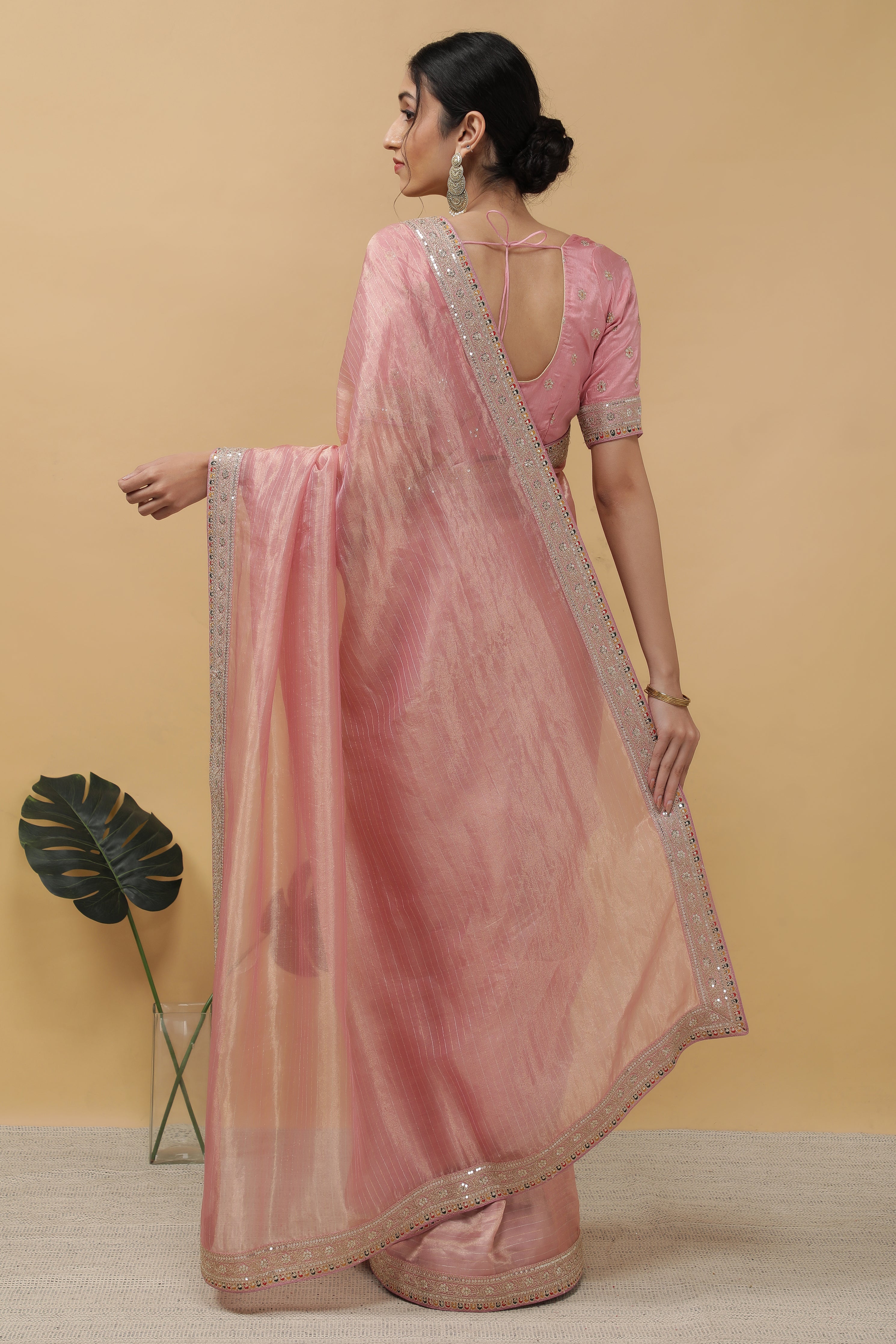 Peach Organza Tissue Saree - Mokshaa