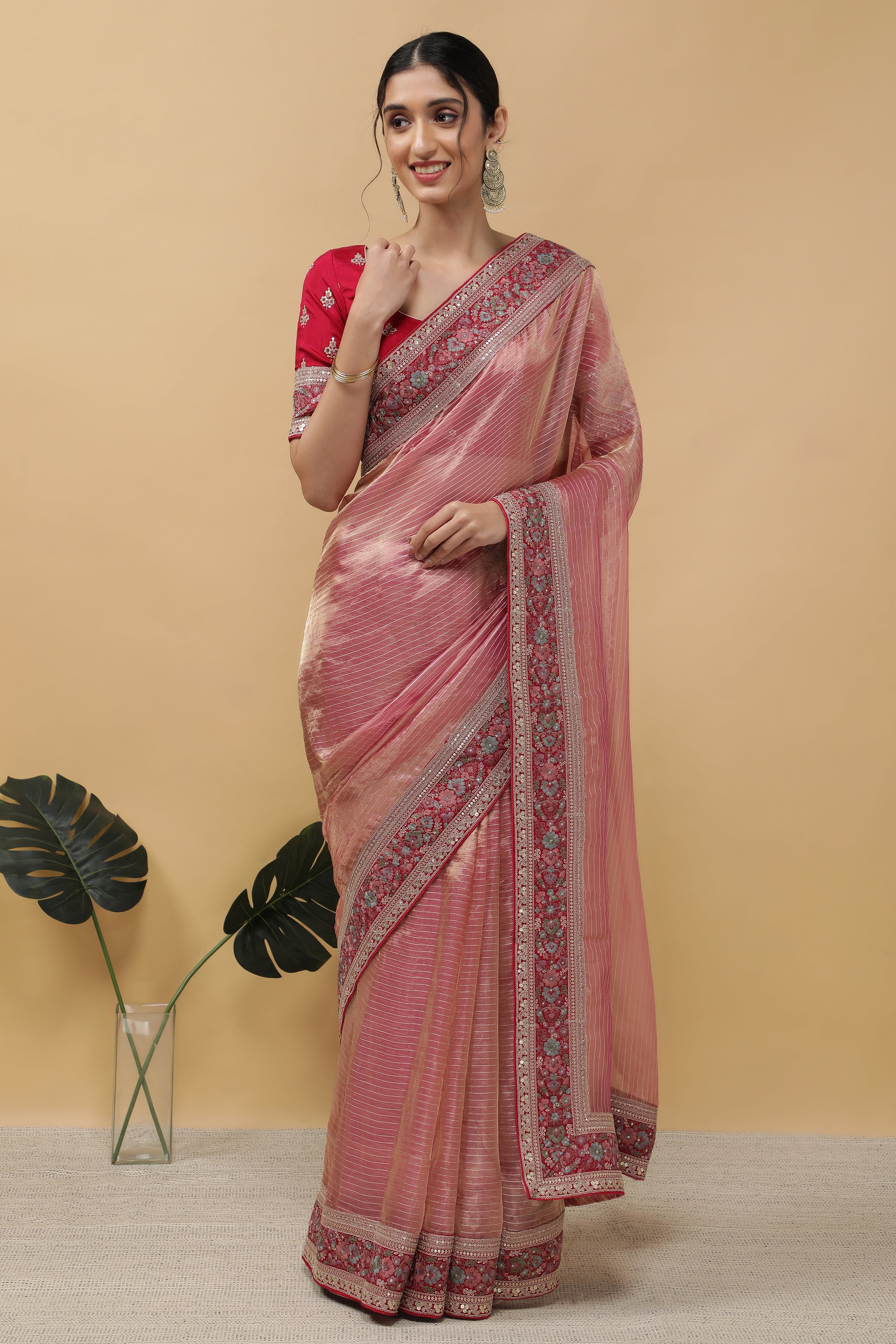 Rust Peach Tissue Saree - Mokshaa