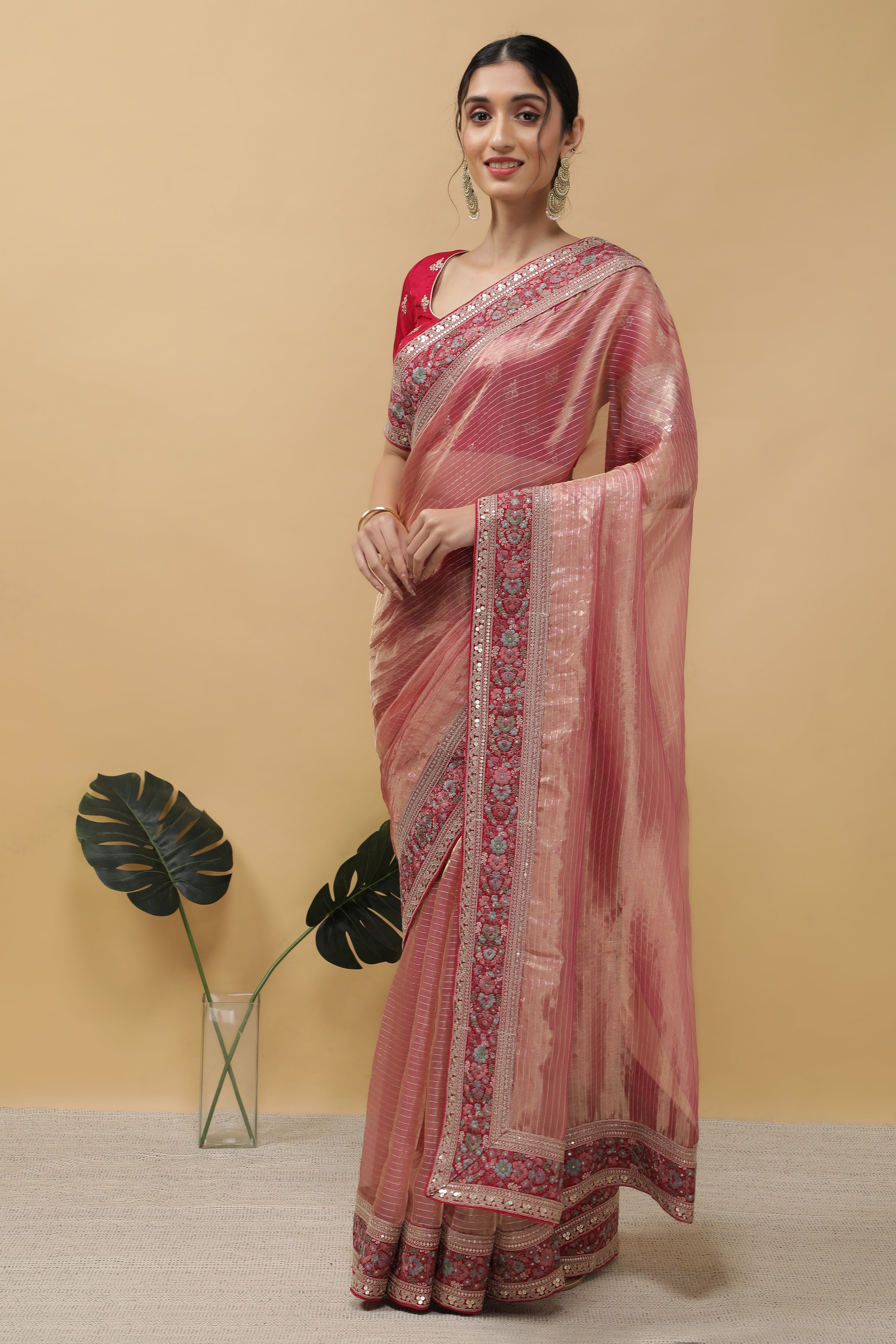 Rust Peach Tissue Saree - Mokshaa