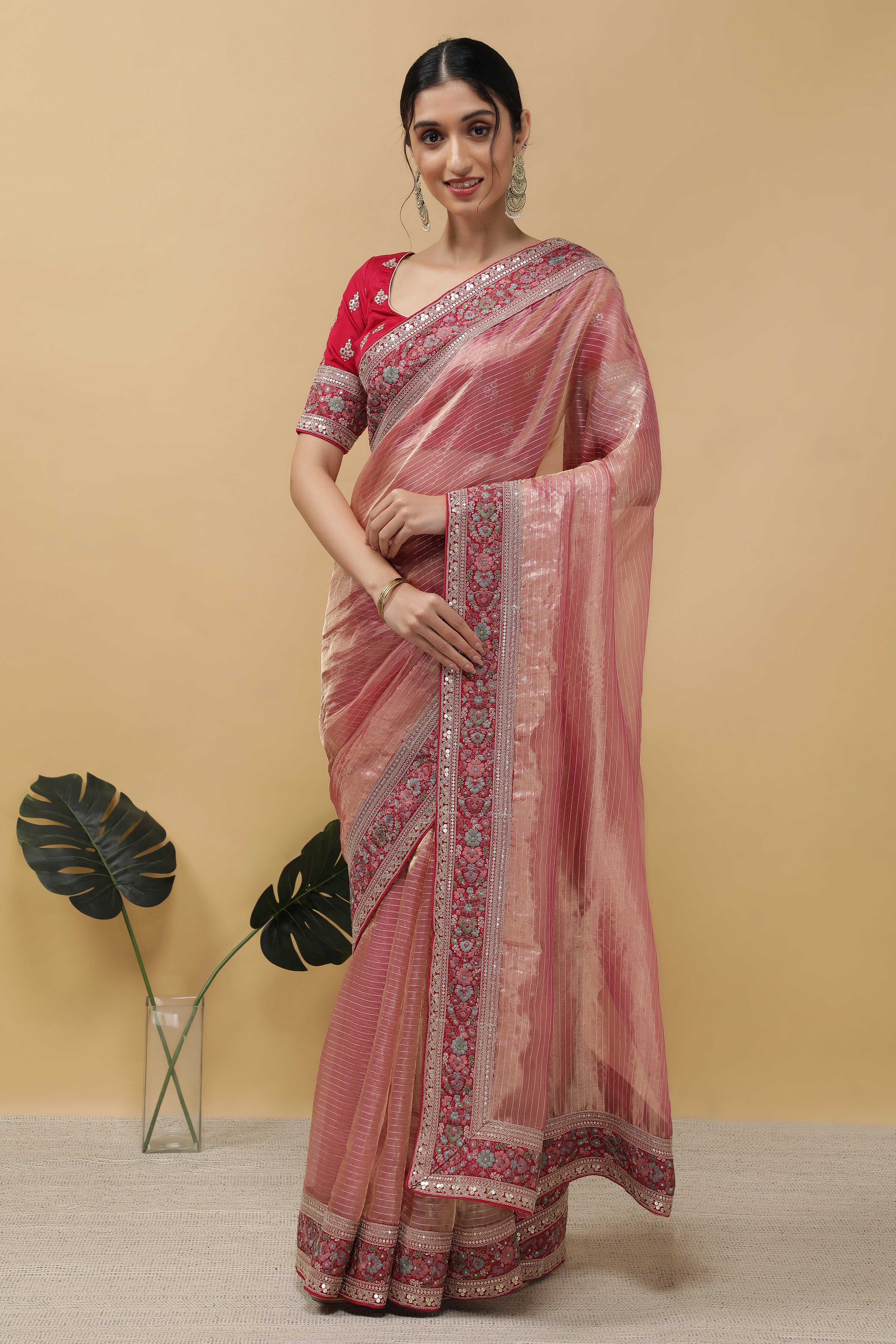 Rust Peach Tissue Saree - Mokshaa