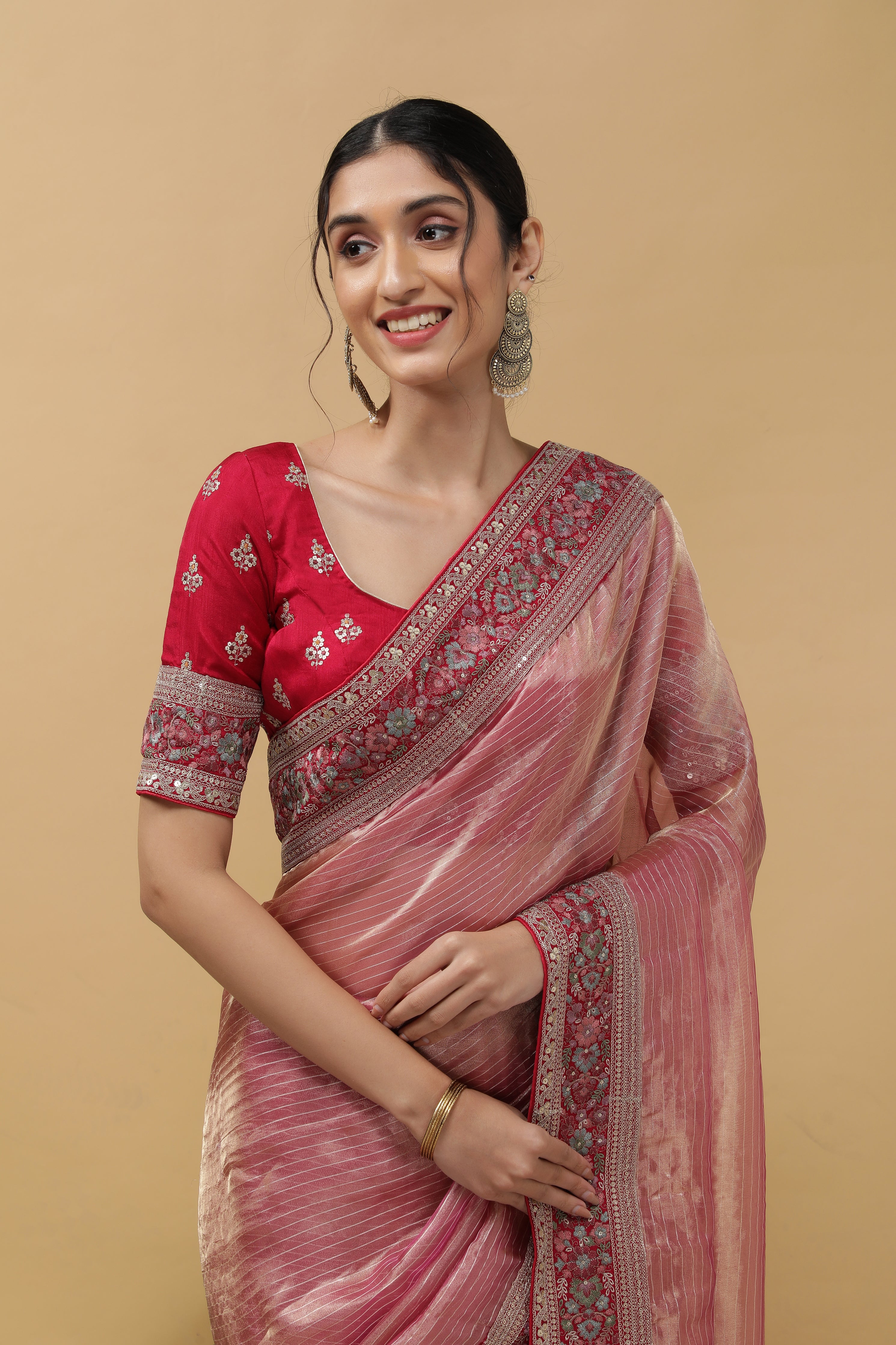 Rust Peach Tissue Saree - Mokshaa