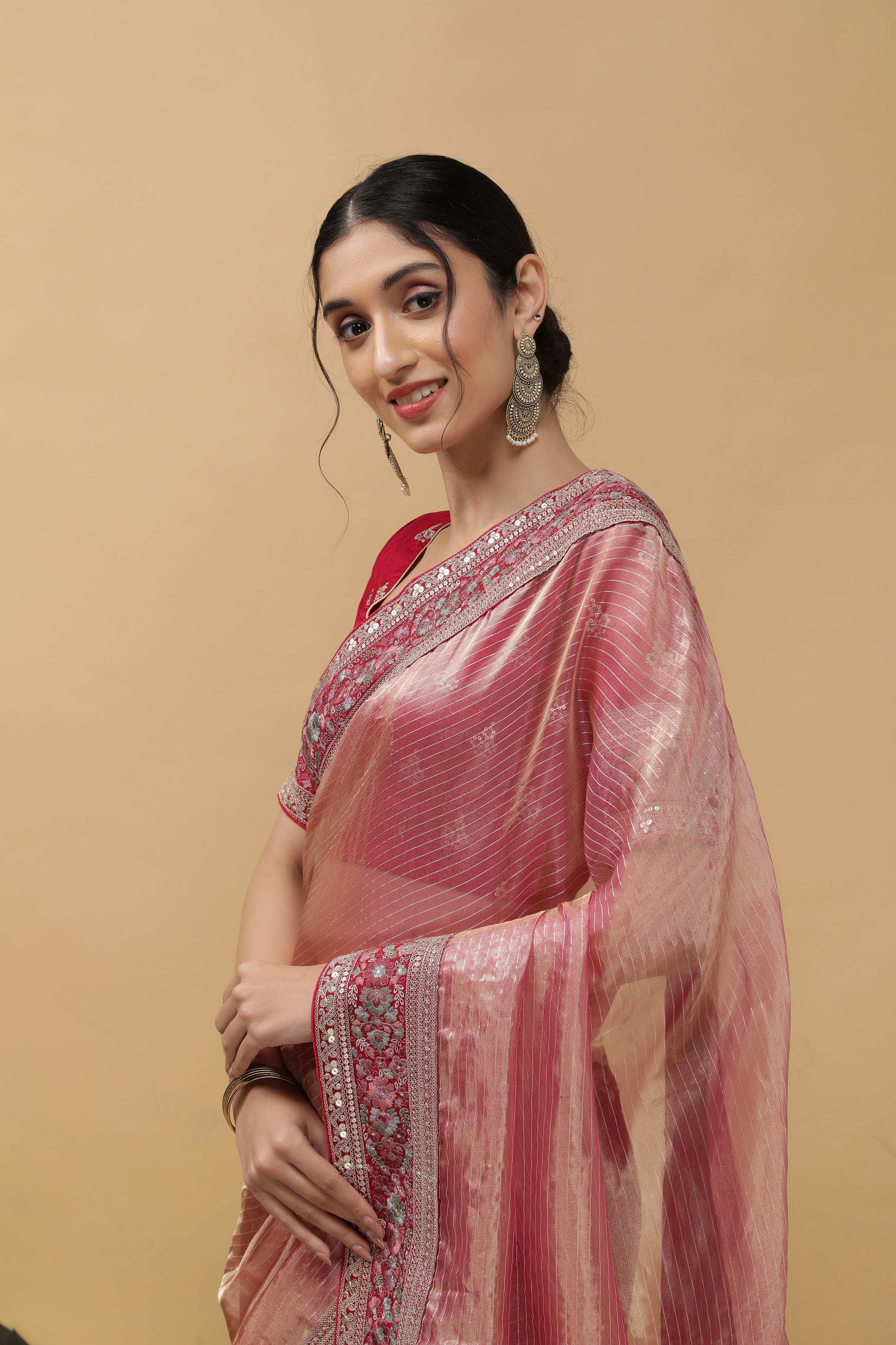 Rust Peach Tissue Saree - Mokshaa