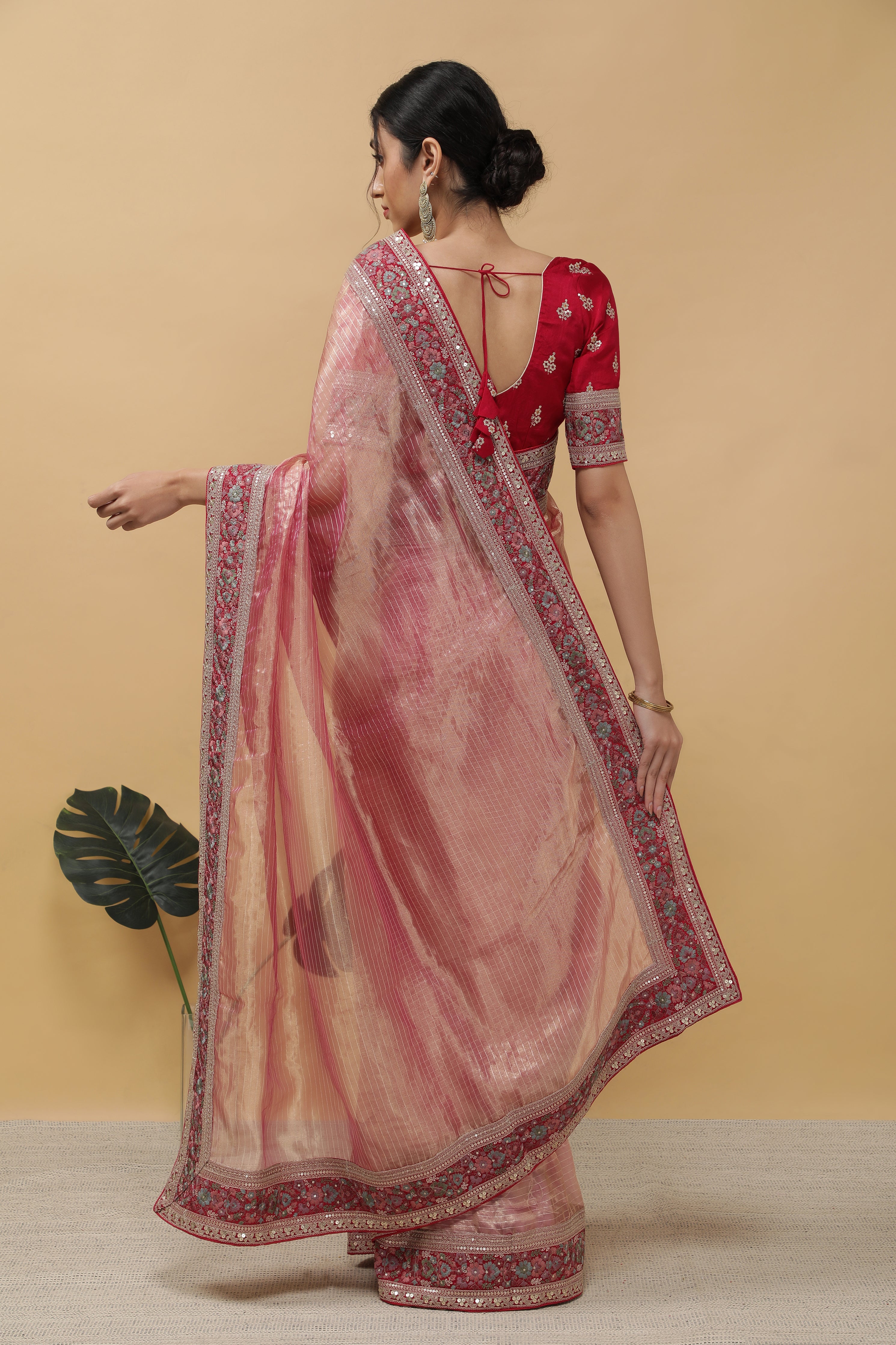 Rust Peach Tissue Saree - Mokshaa