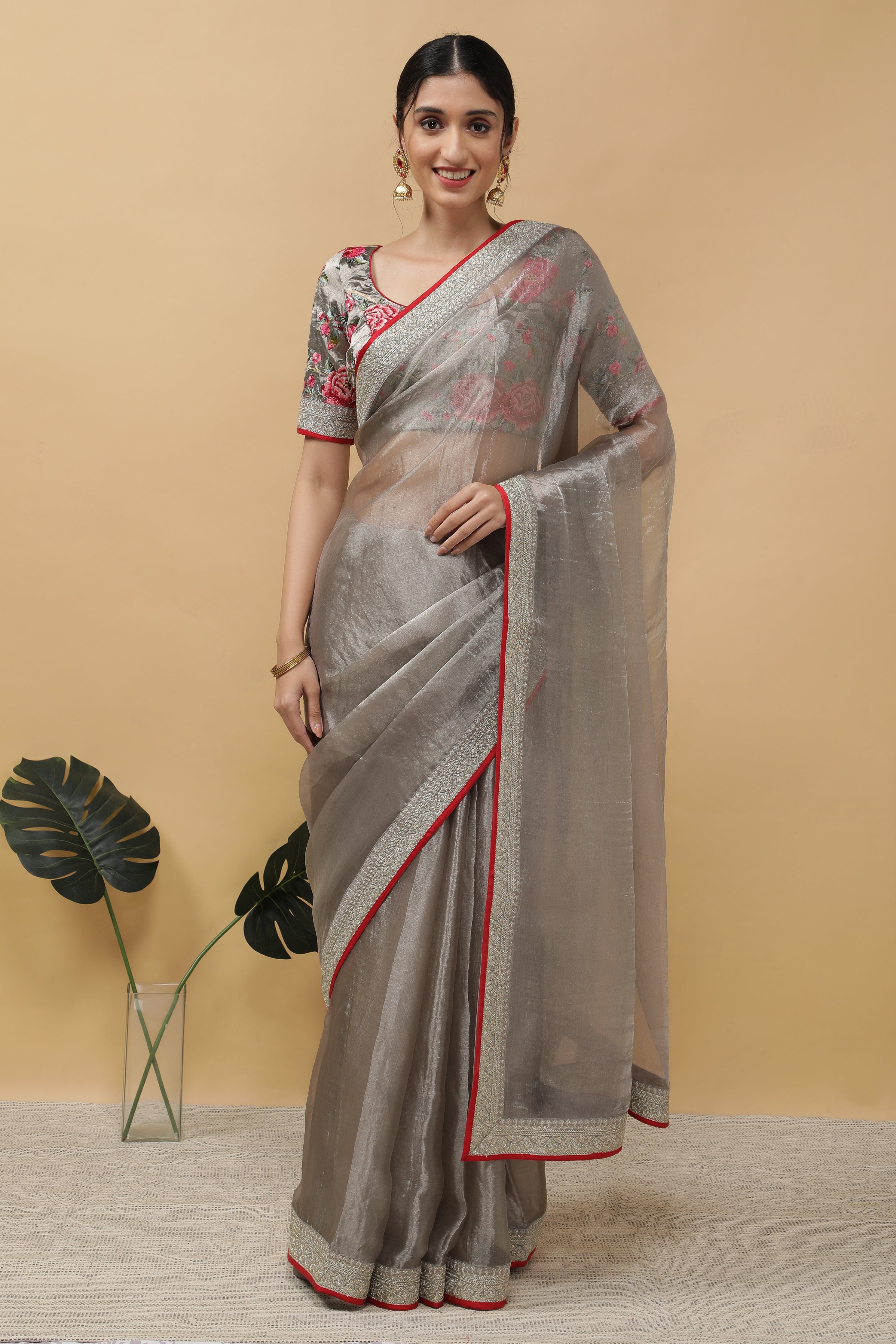 Silver Grey Tissue Saree - Mokshaa