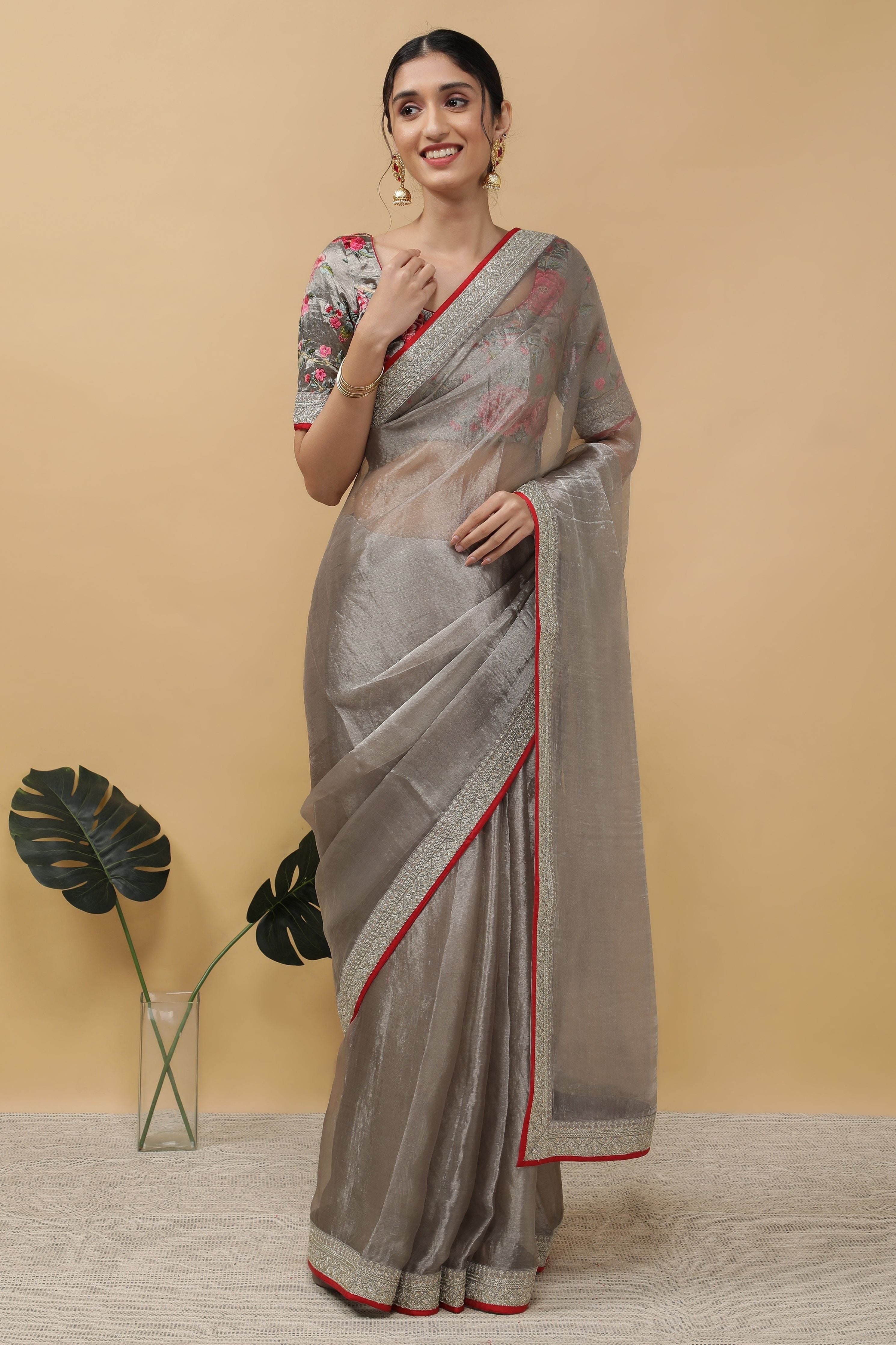 Silver Grey Tissue Saree - Mokshaa