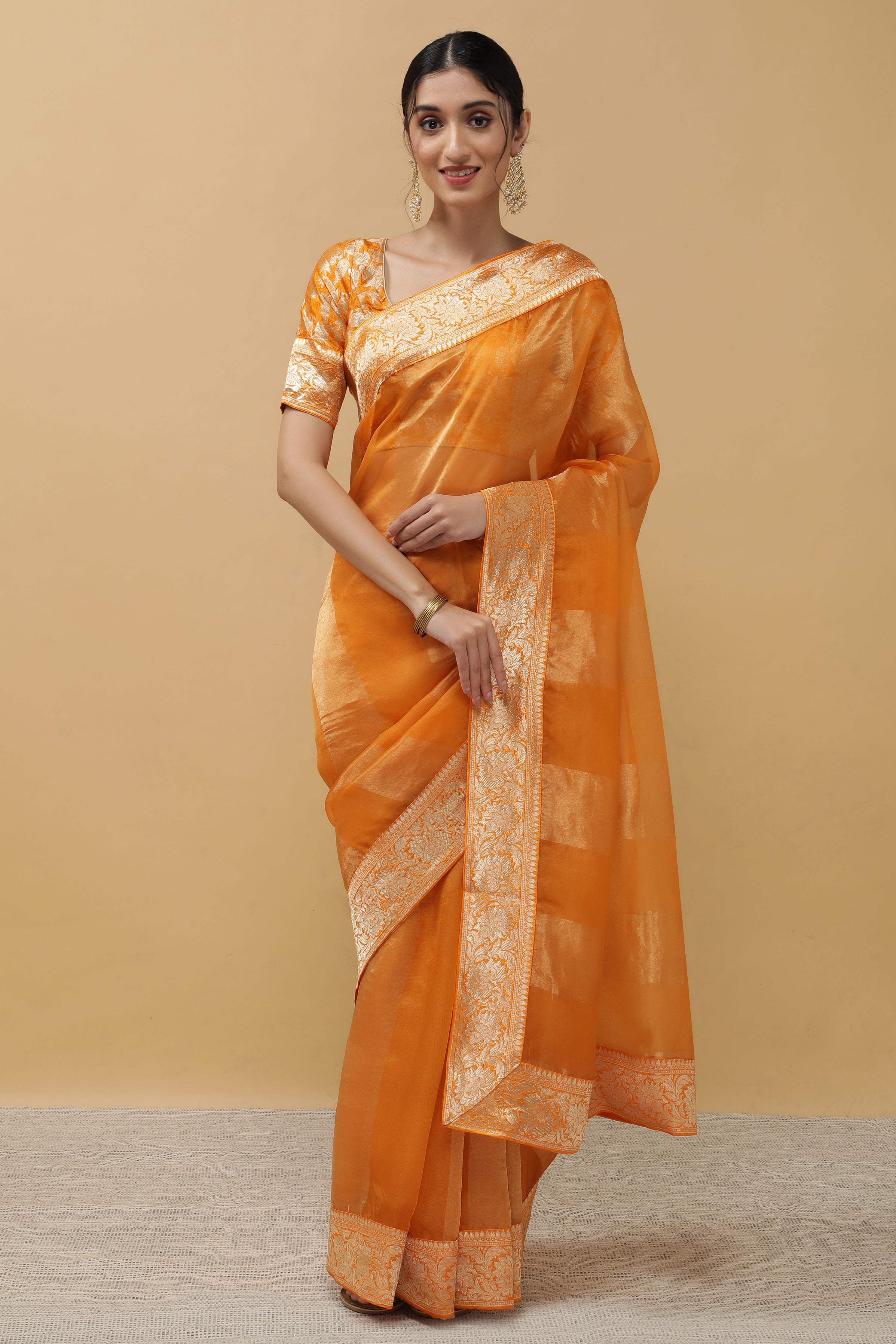 Orange Organza Tissue Saree - Mokshaa