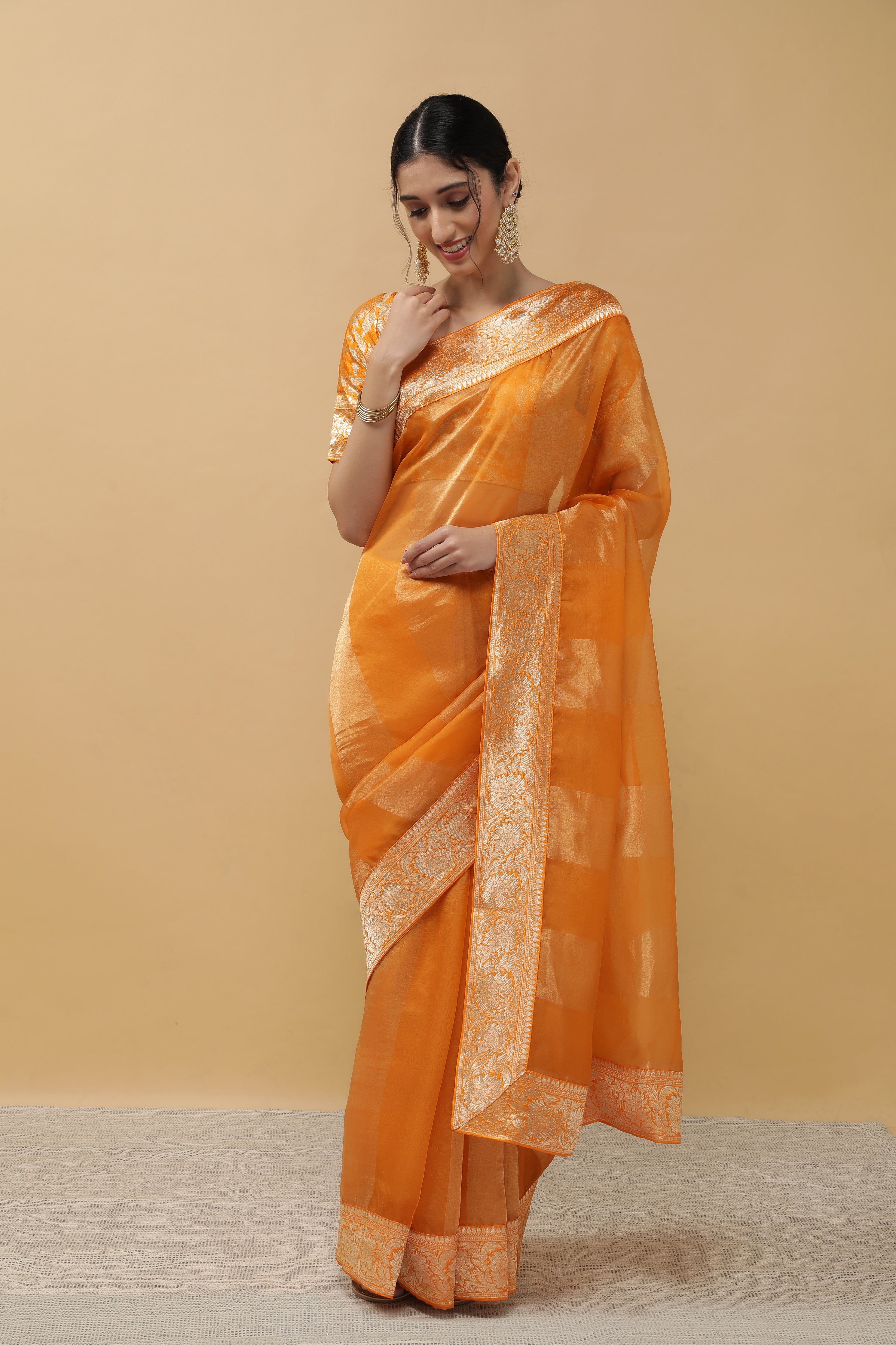 Orange Organza Tissue Saree - Mokshaa