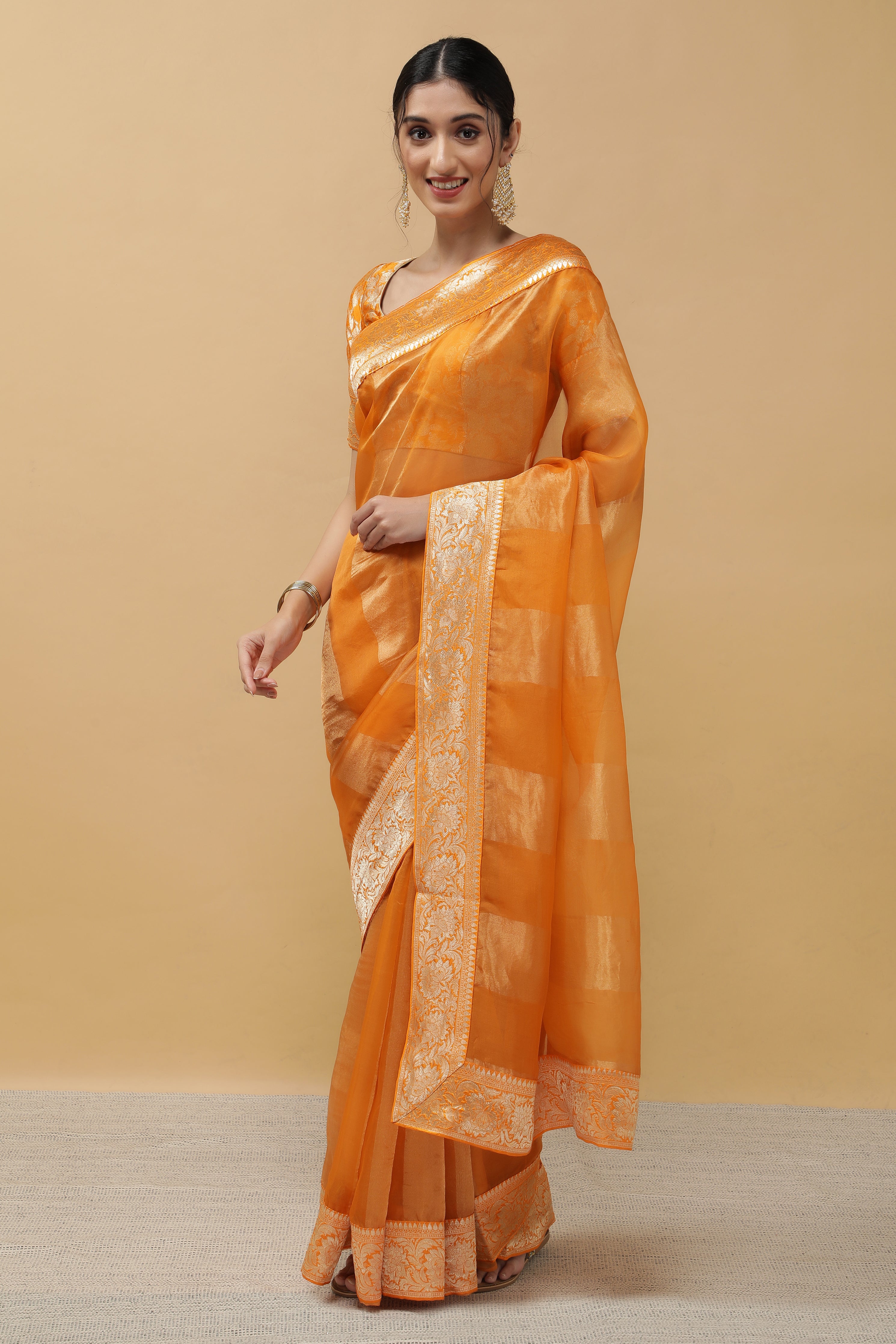 Orange Organza Tissue Saree - Mokshaa