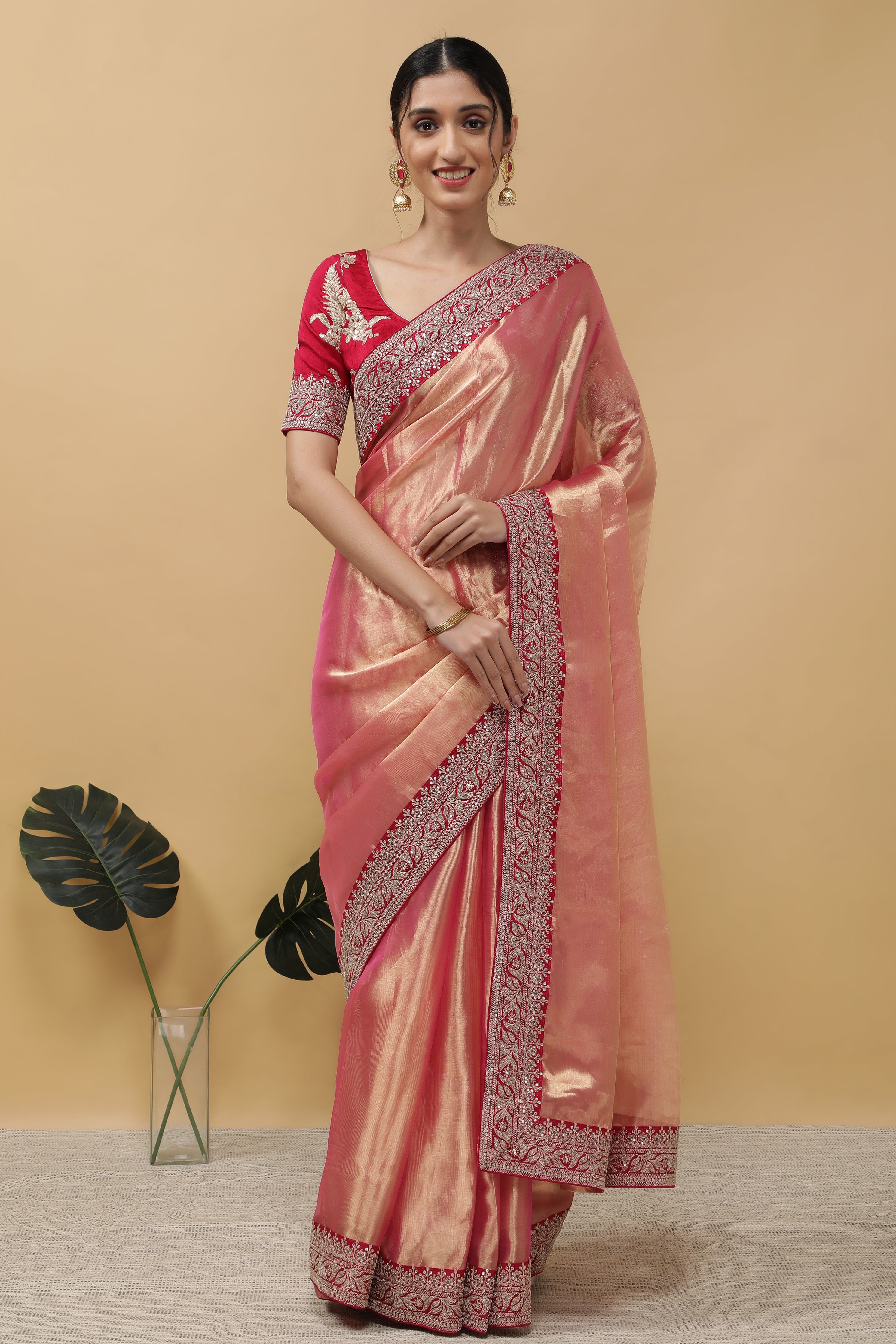 Rust Pink Tissue Saree - Mokshaa