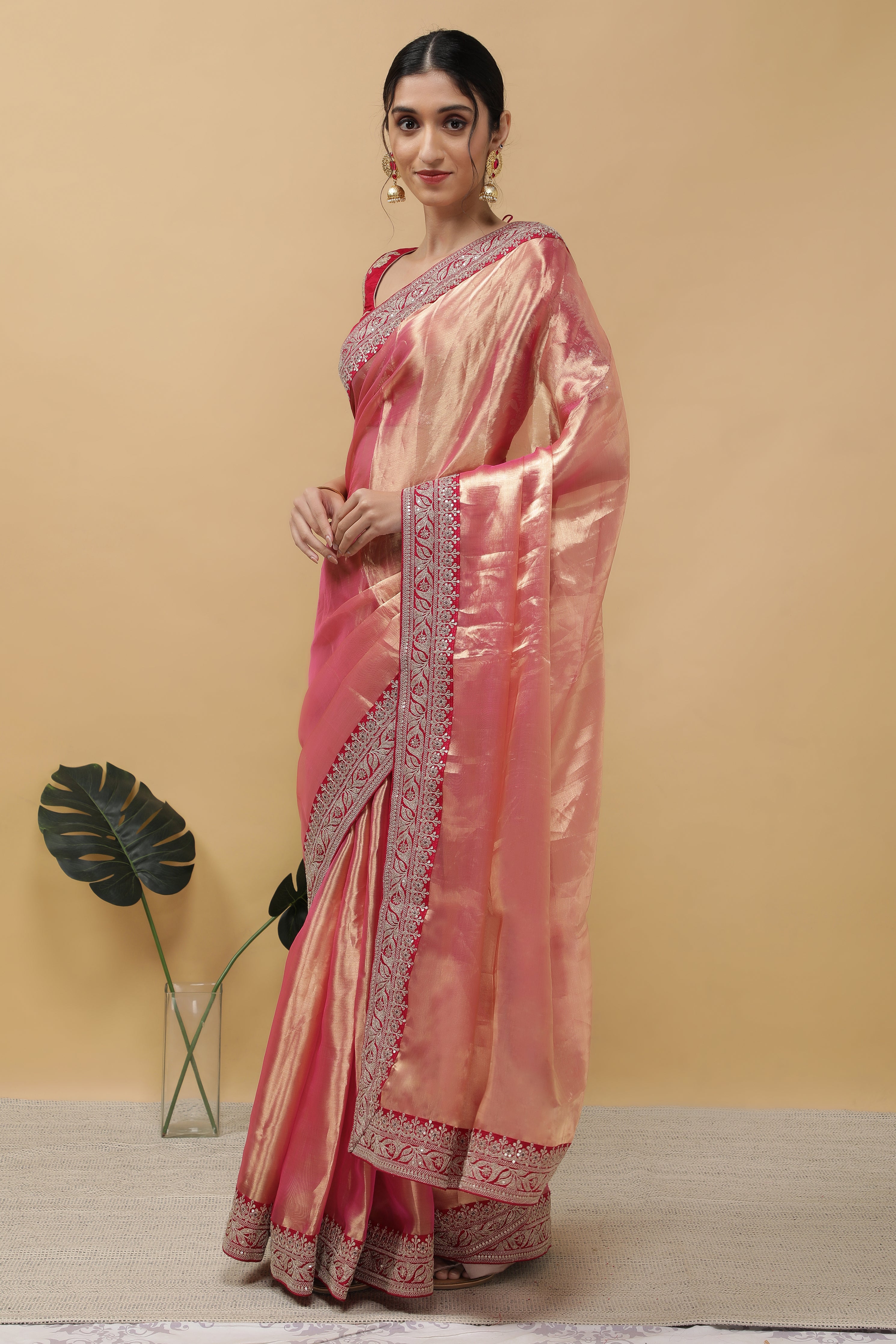 Rust Pink Tissue Saree - Mokshaa