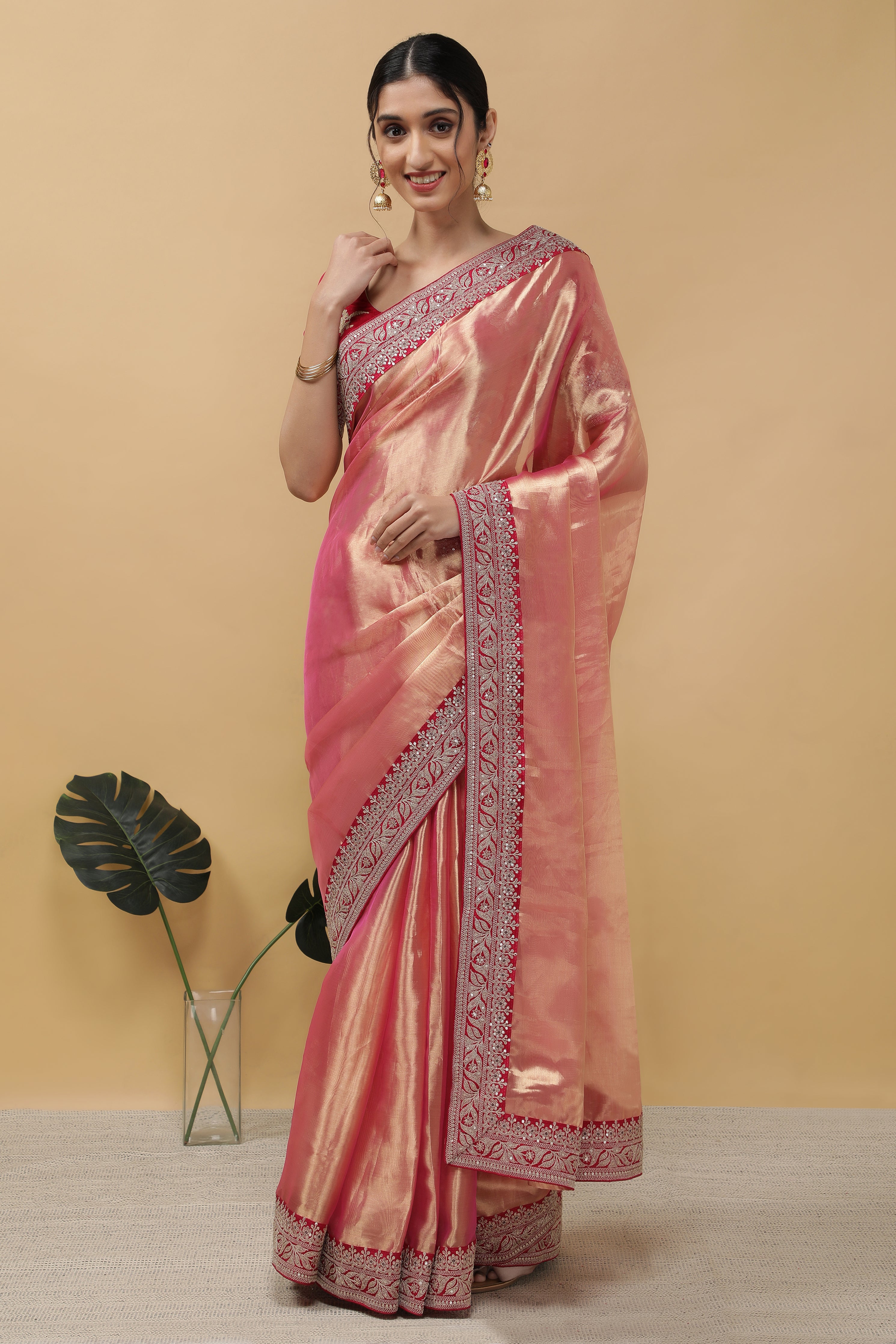 Rust Pink Tissue Saree - Mokshaa