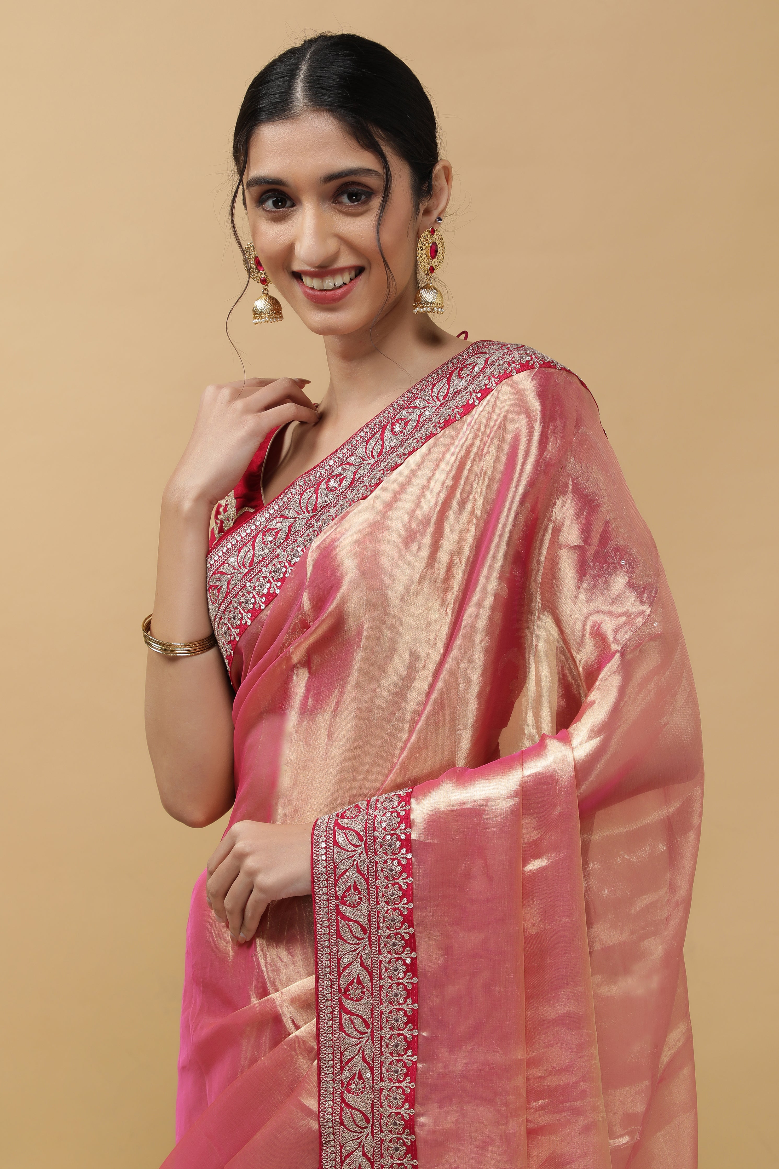 Rust Pink Tissue Saree - Mokshaa