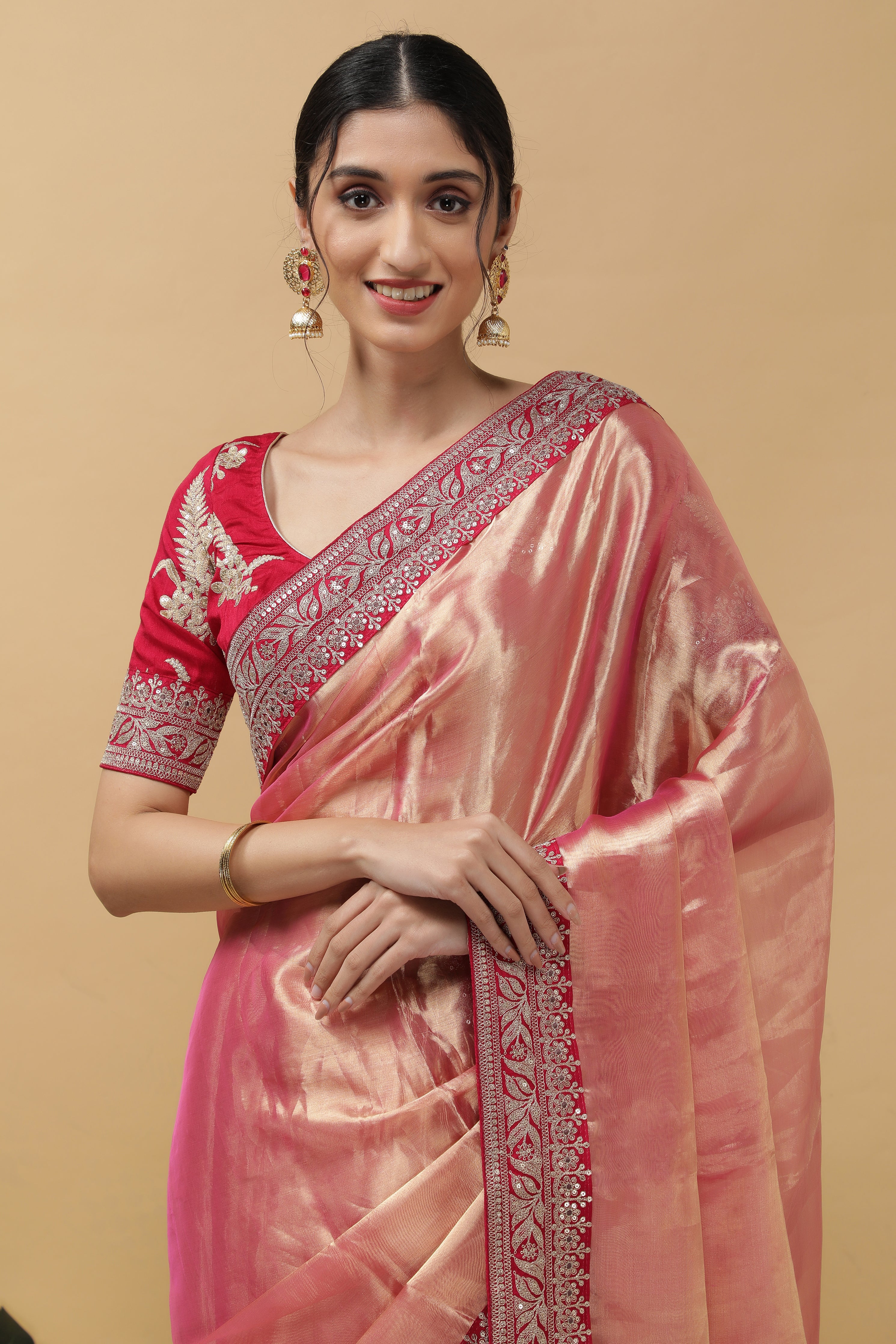 Rust Pink Tissue Saree - Mokshaa