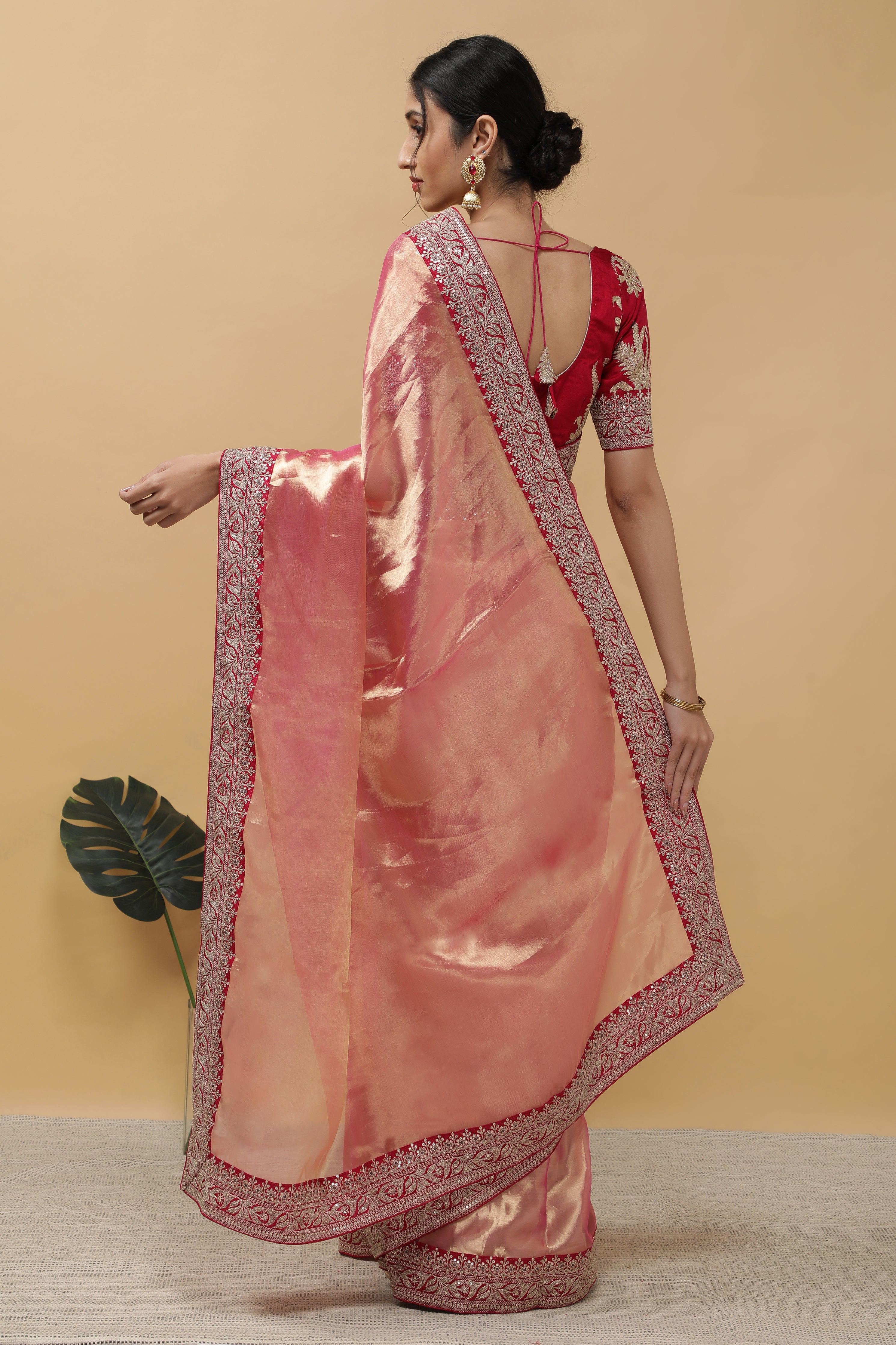 Rust Pink Tissue Saree - Mokshaa