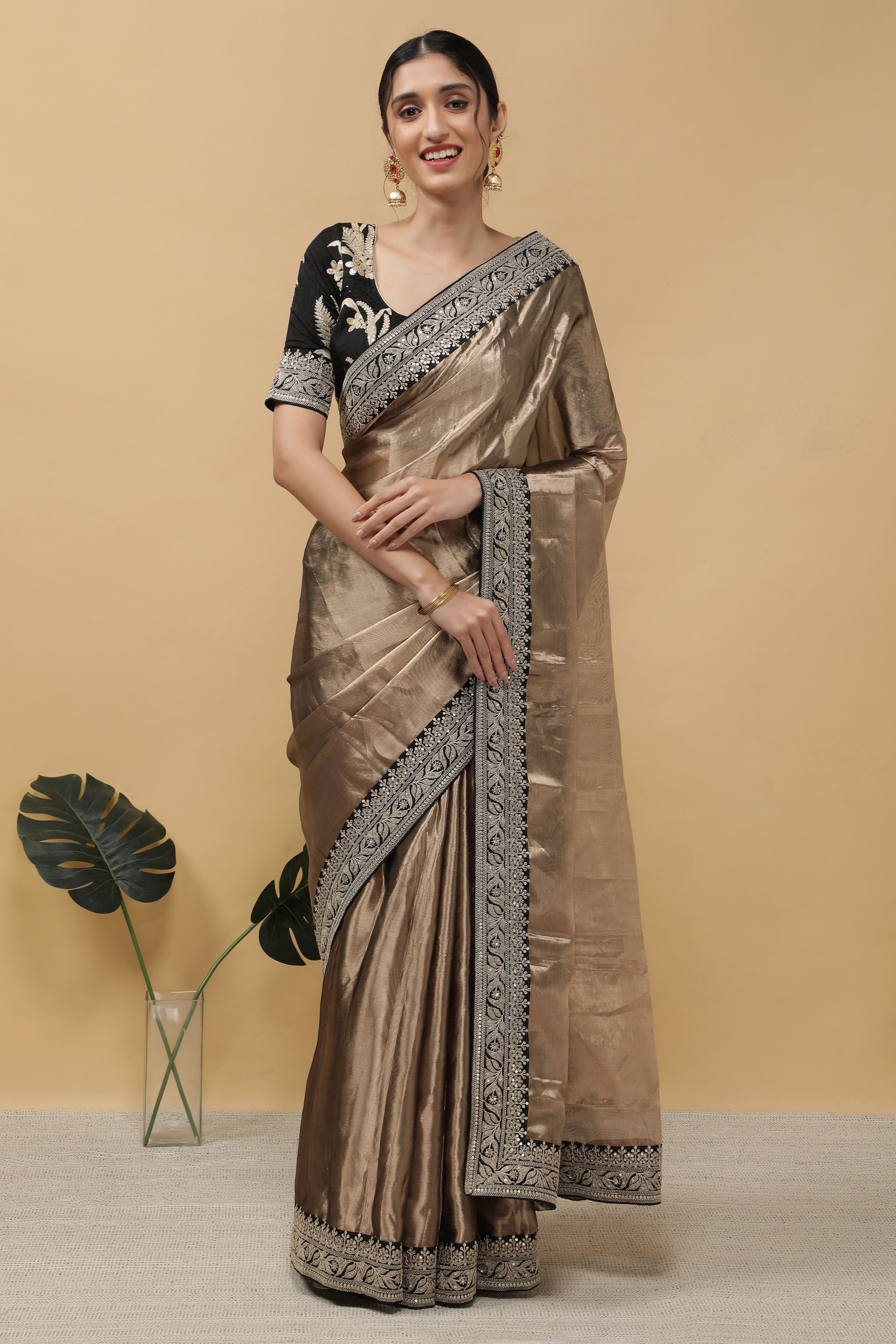 Rust Copper Tissue Saree - Mokshaa