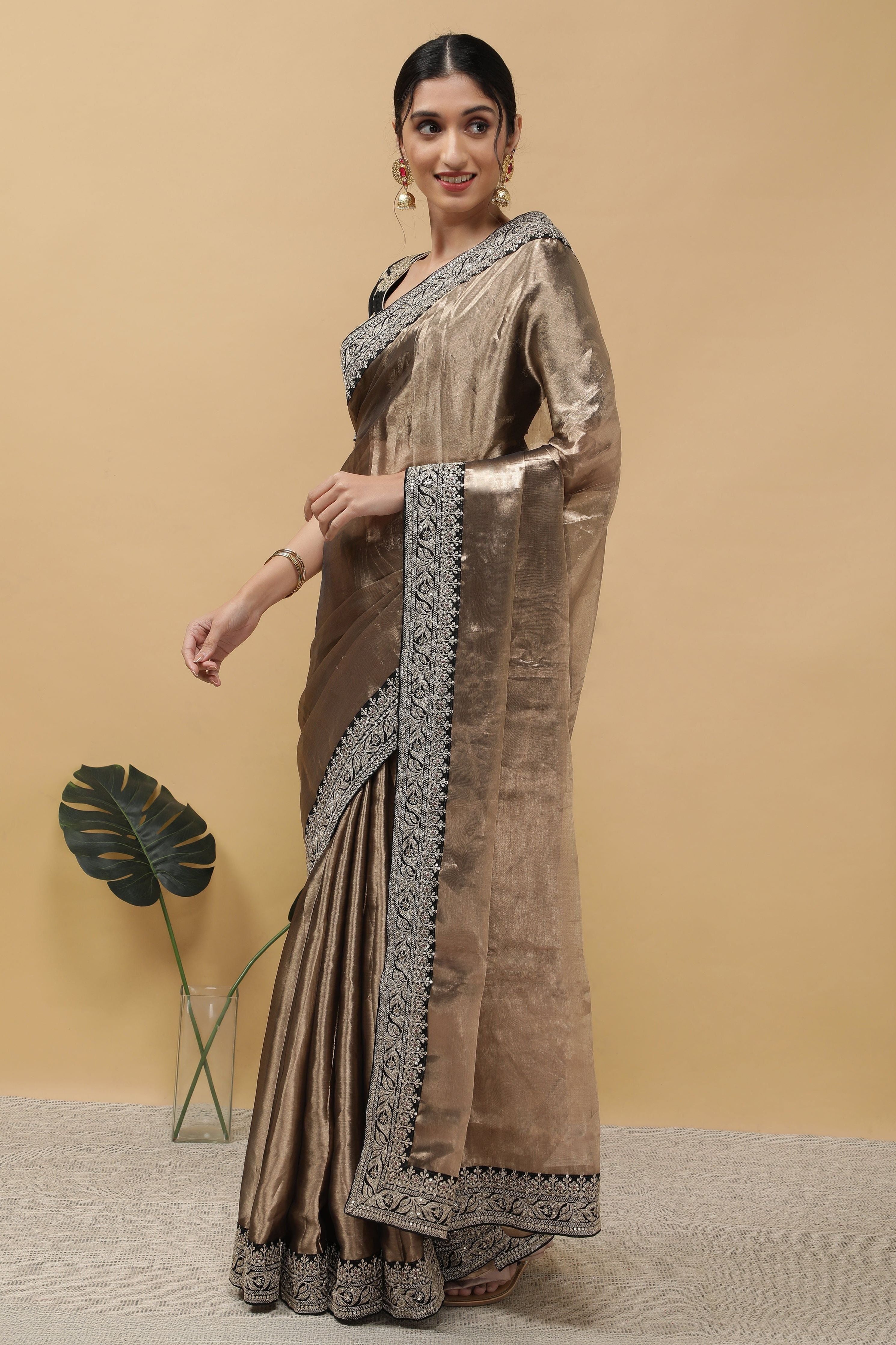 Rust Copper Tissue Saree - Mokshaa