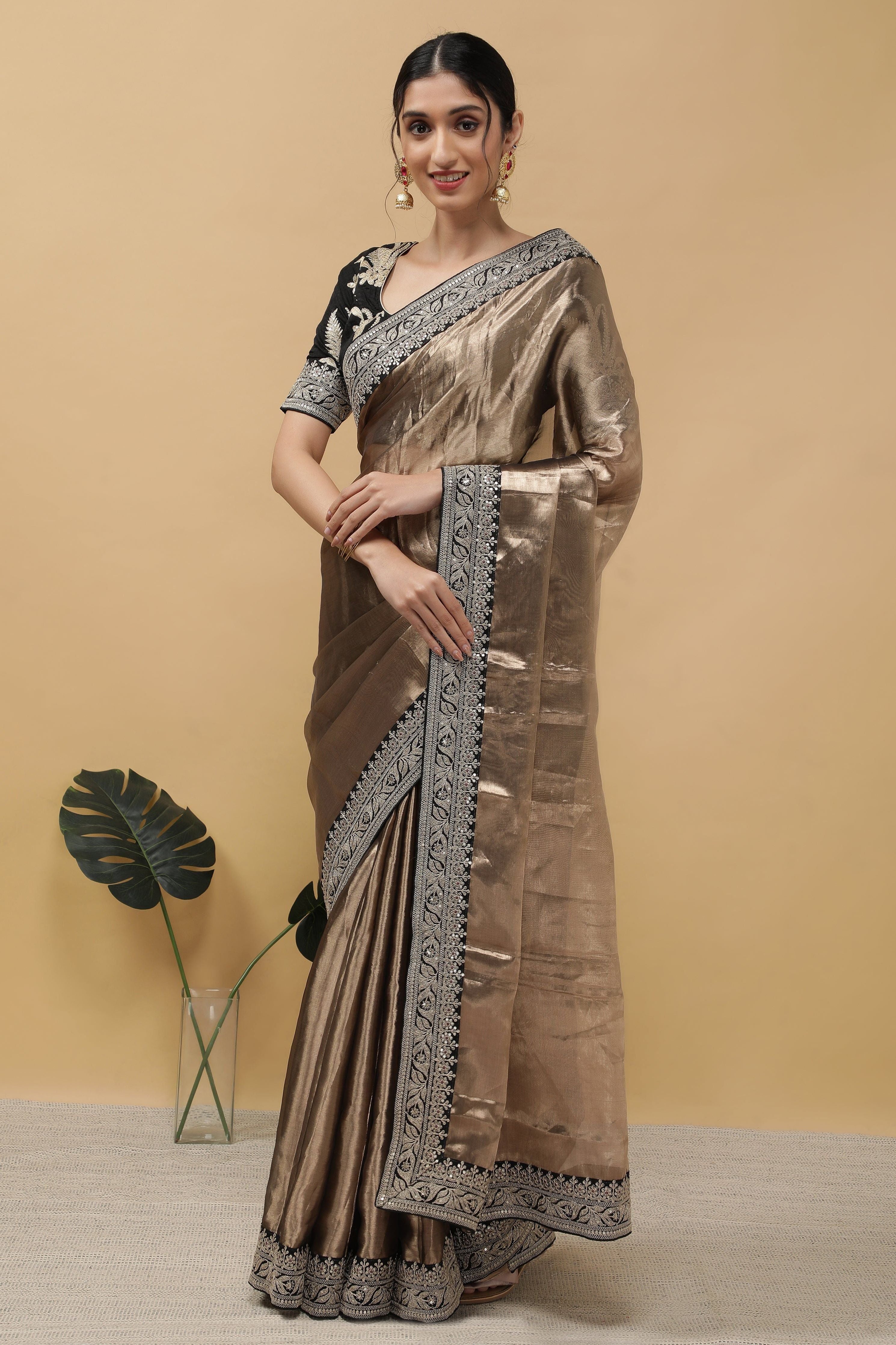 Rust Copper Tissue Saree - Mokshaa