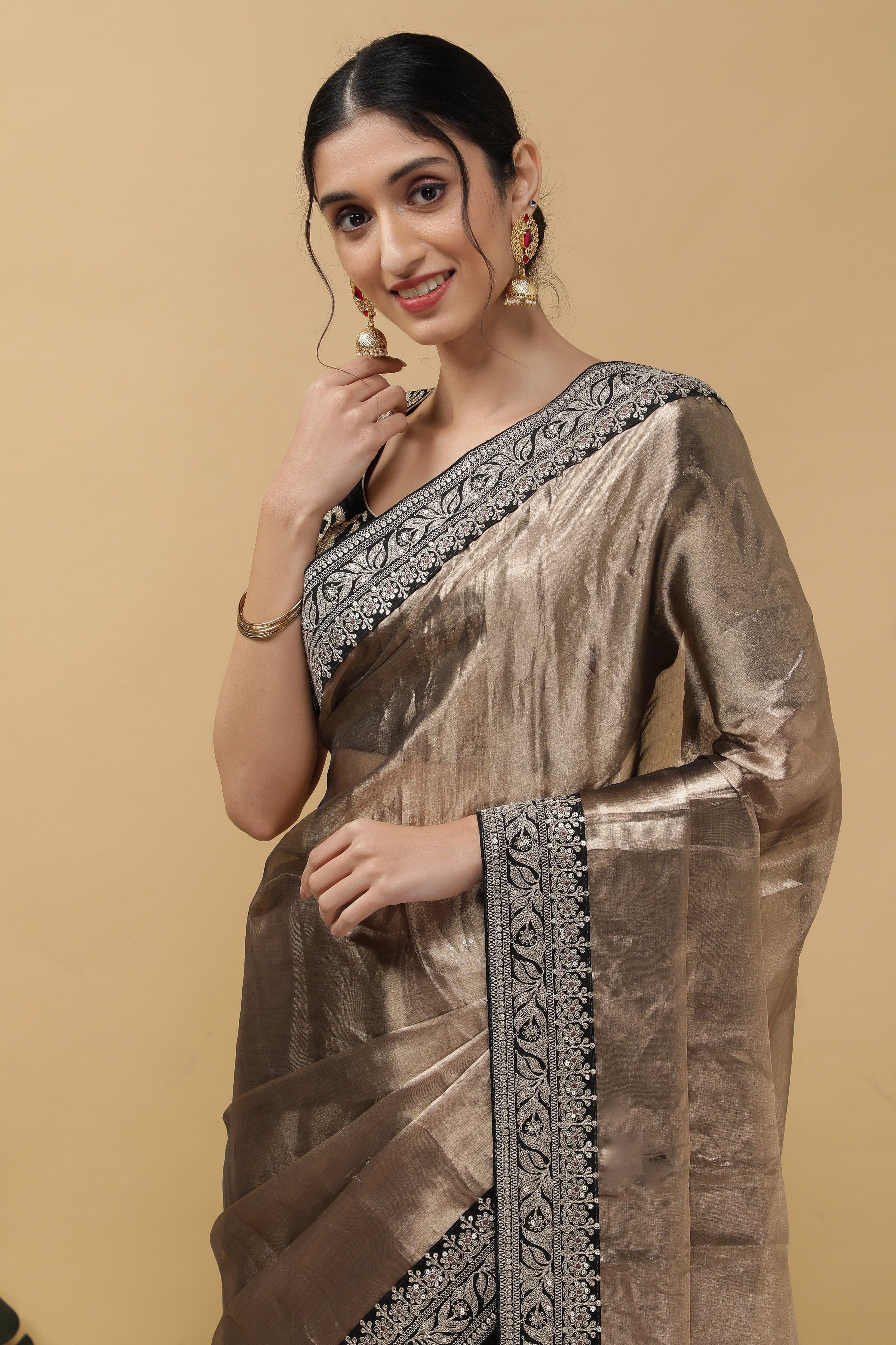 Rust Copper Tissue Saree - Mokshaa