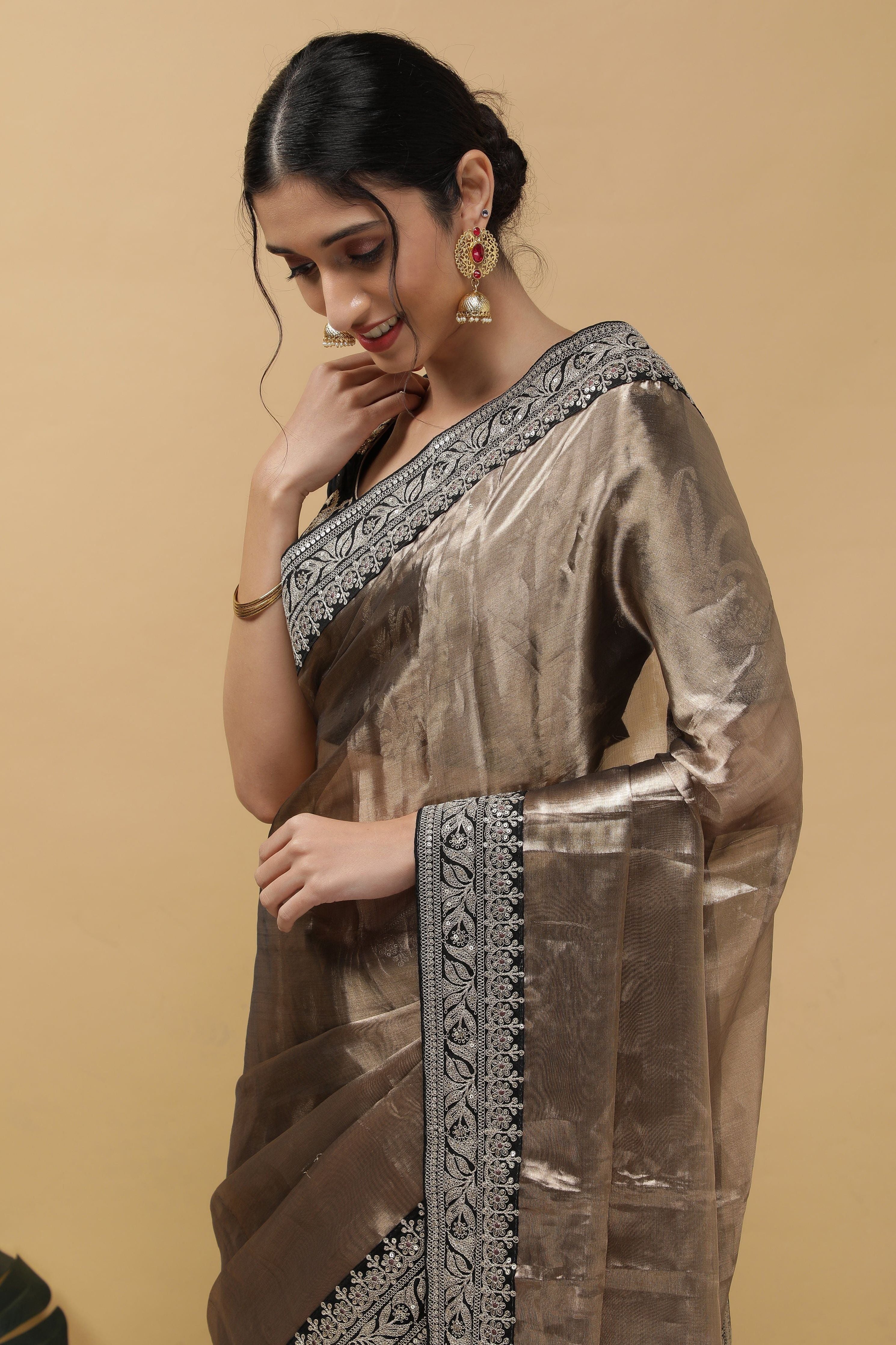 Rust Copper Tissue Saree - Mokshaa