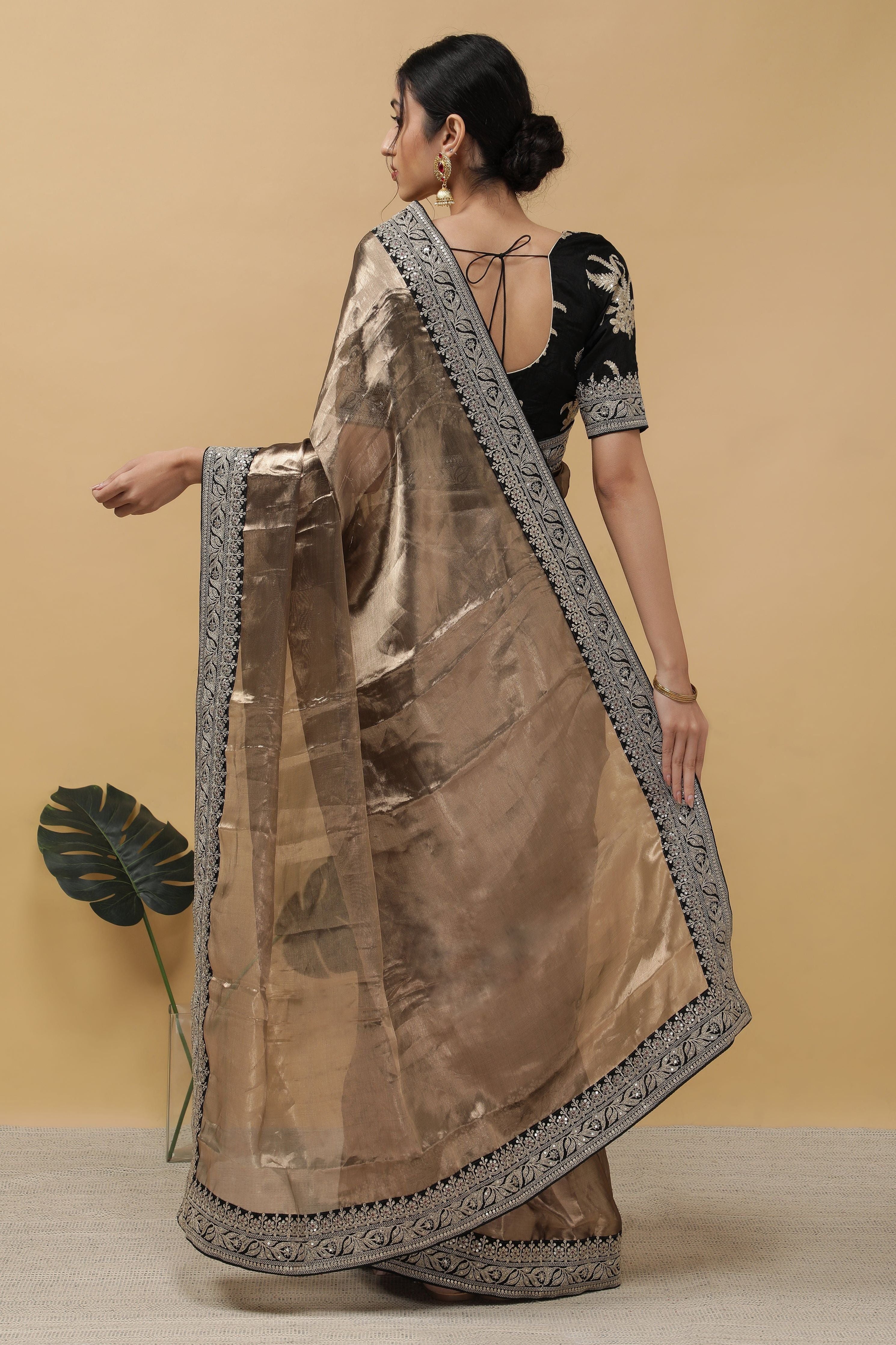 Rust Copper Tissue Saree - Mokshaa