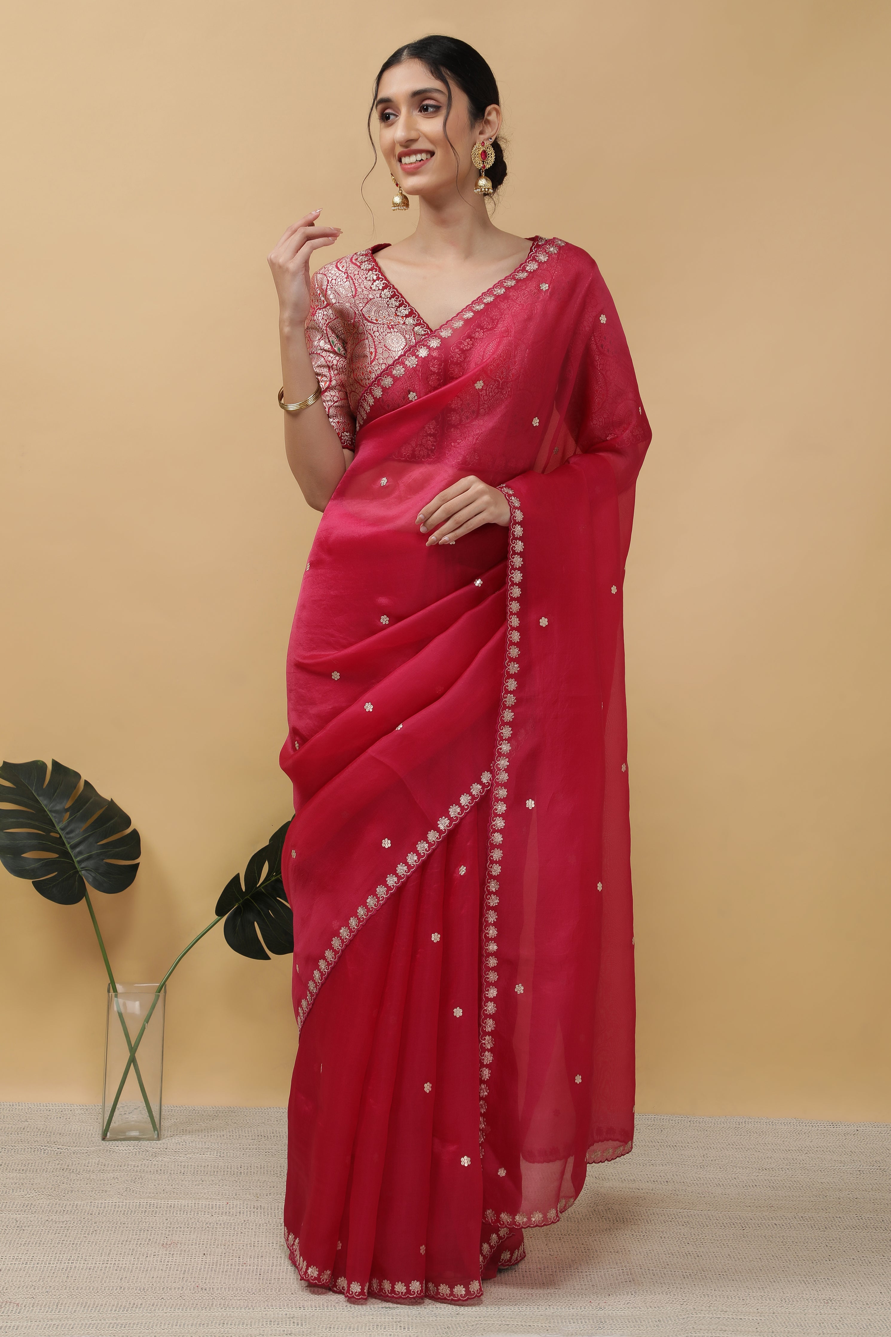 Bright Pink Organza Saree - Mokshaa