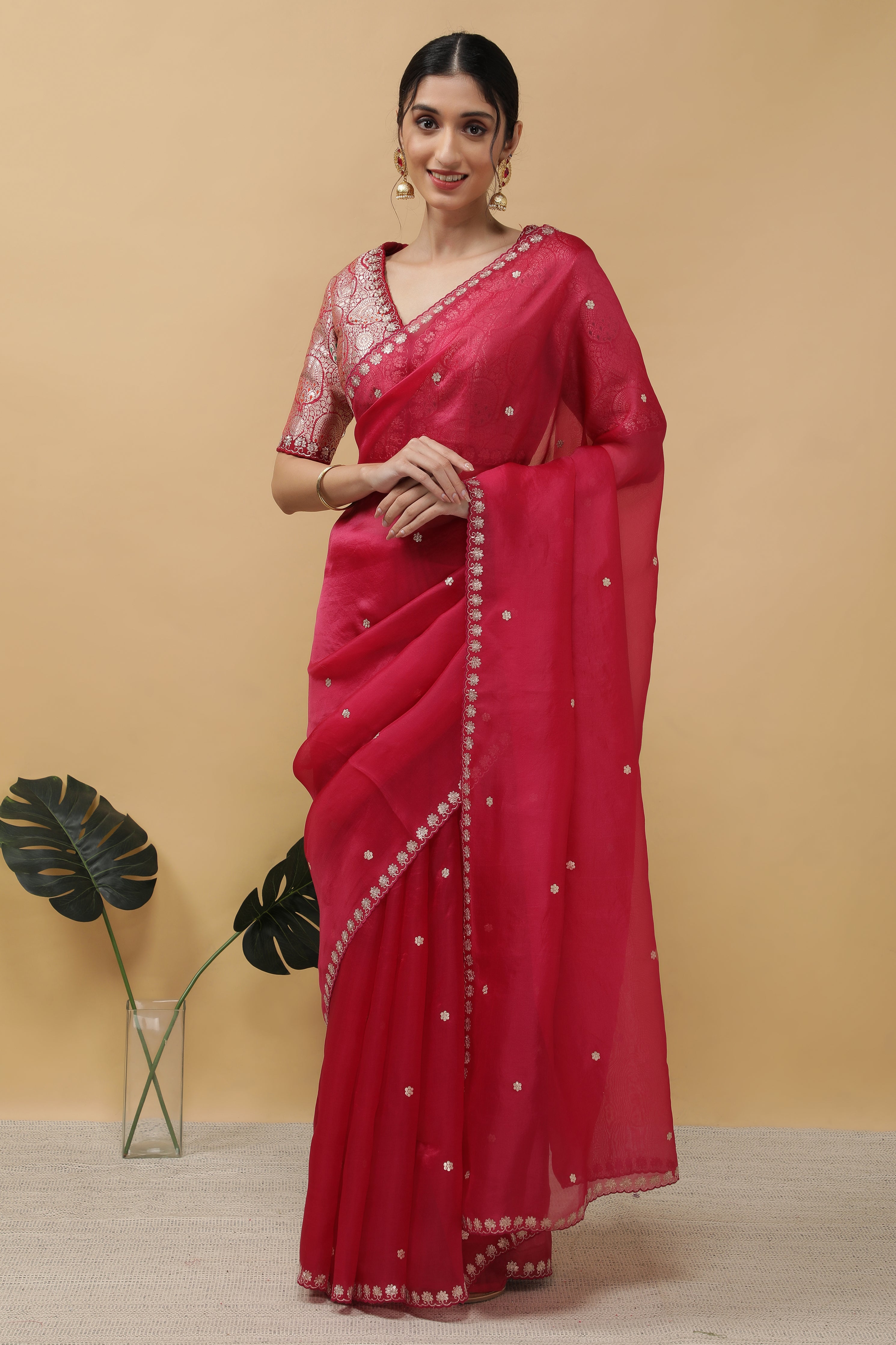 Bright Pink Organza Saree - Mokshaa