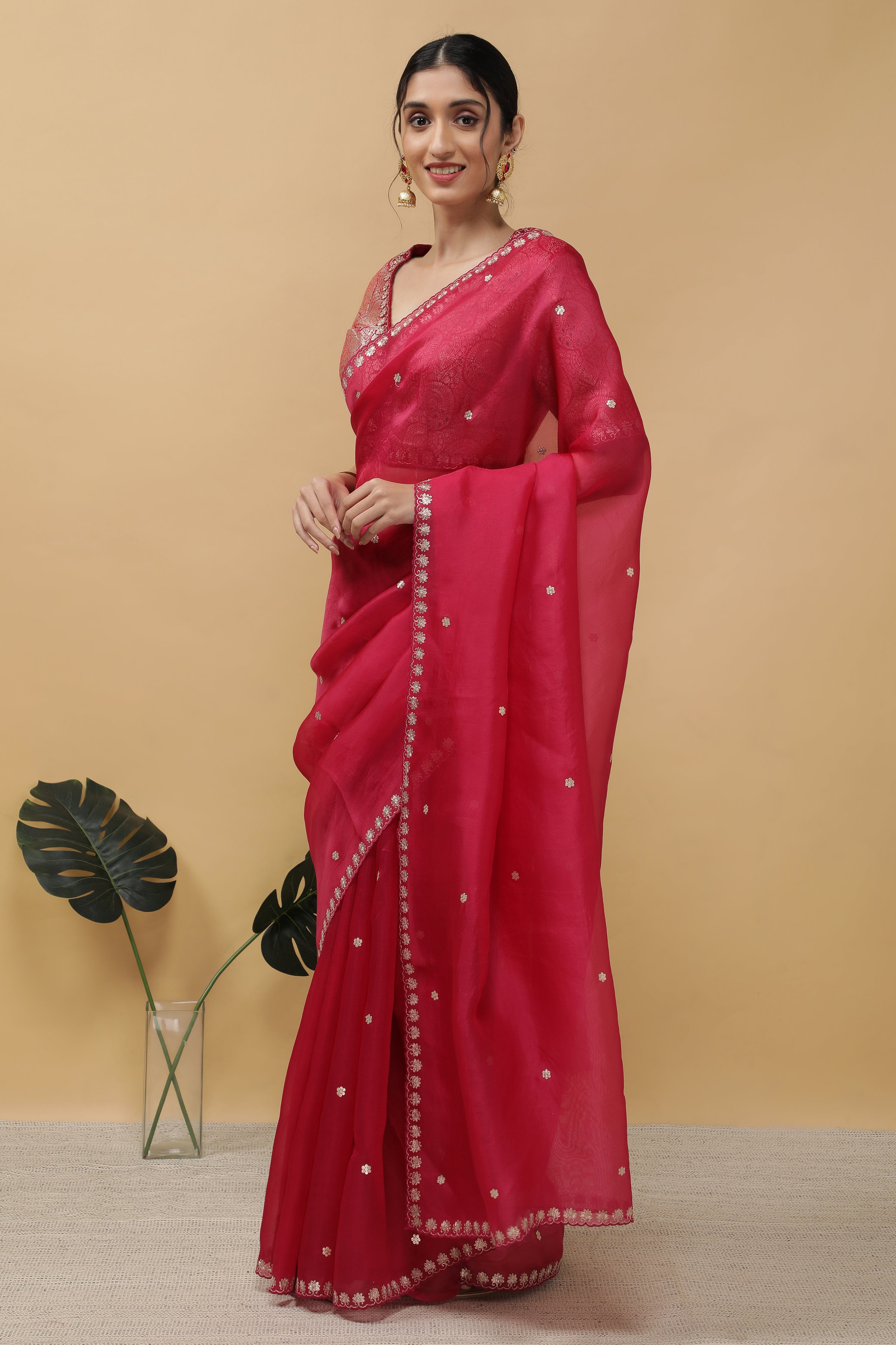 Bright Pink Organza Saree - Mokshaa