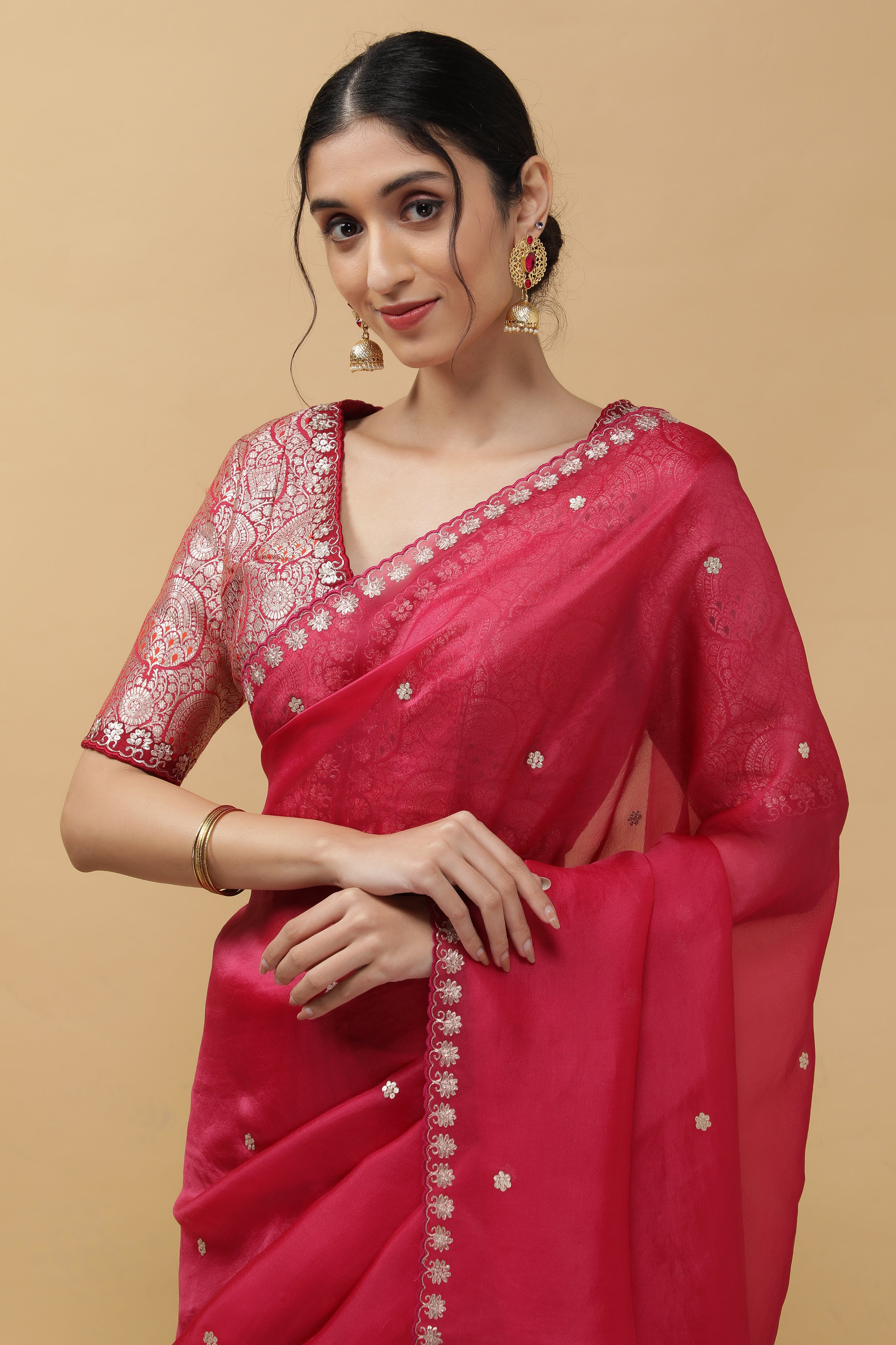 Bright Pink Organza Saree - Mokshaa