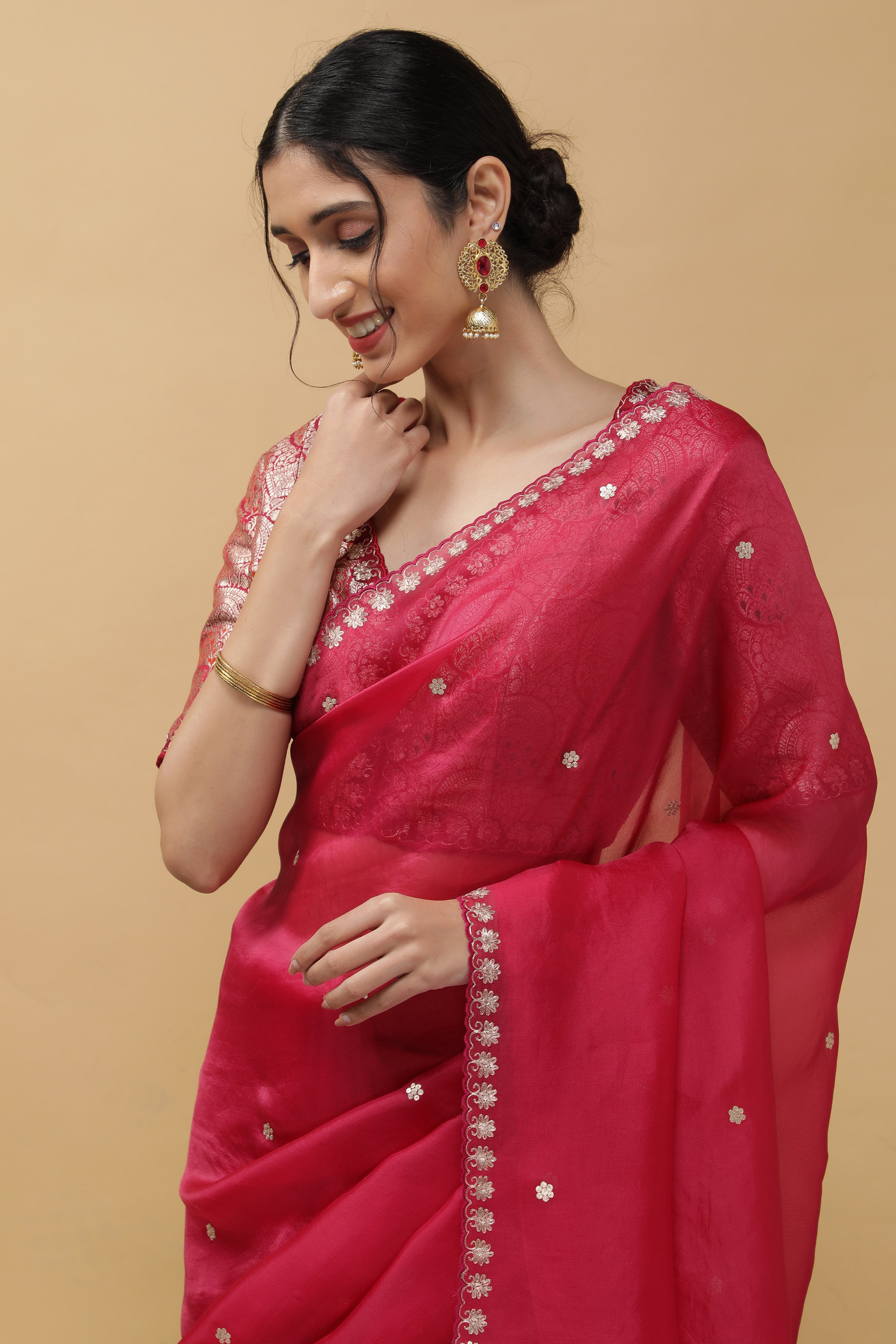 Bright Pink Organza Saree - Mokshaa