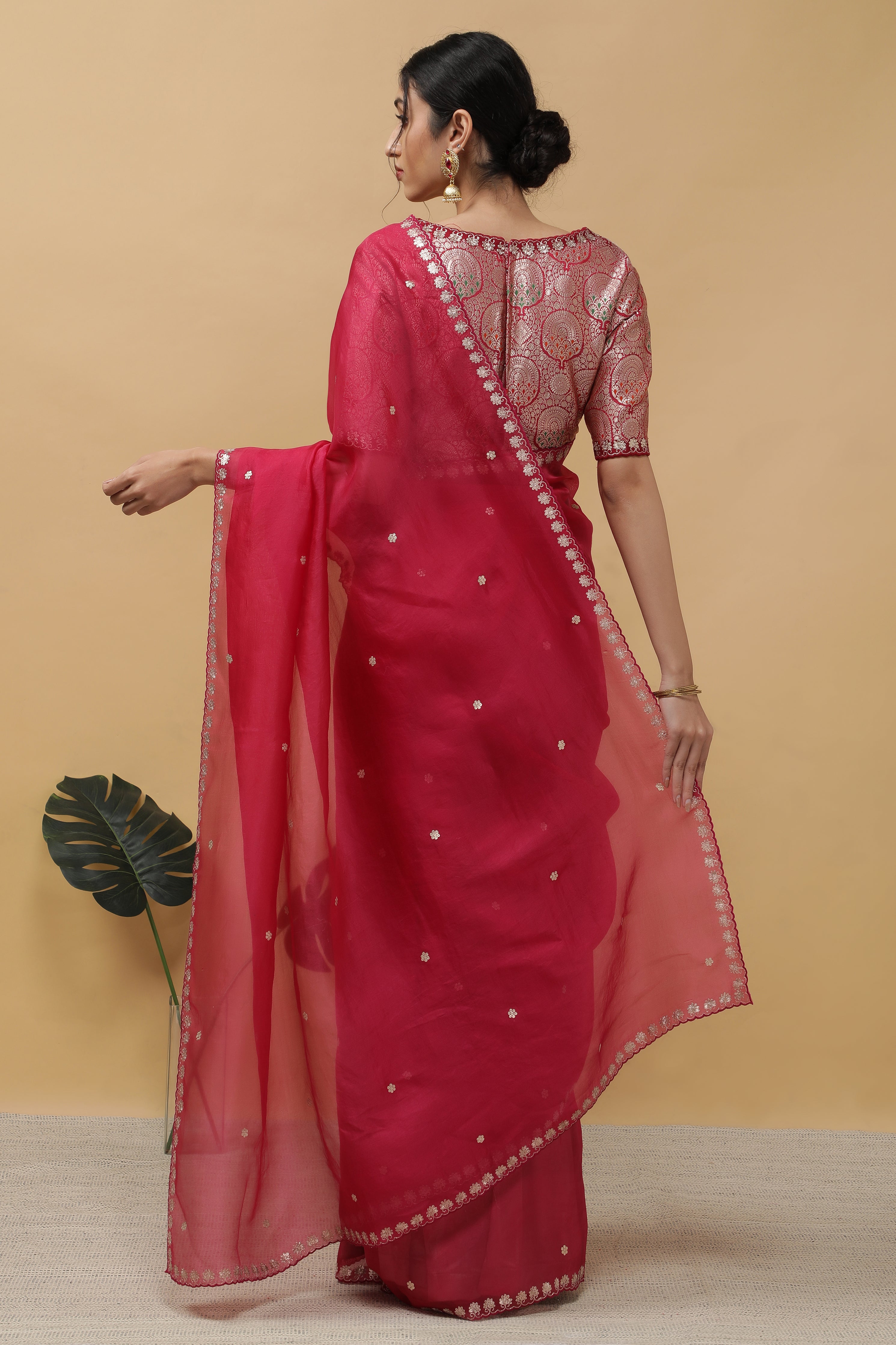 Bright Pink Organza Saree - Mokshaa