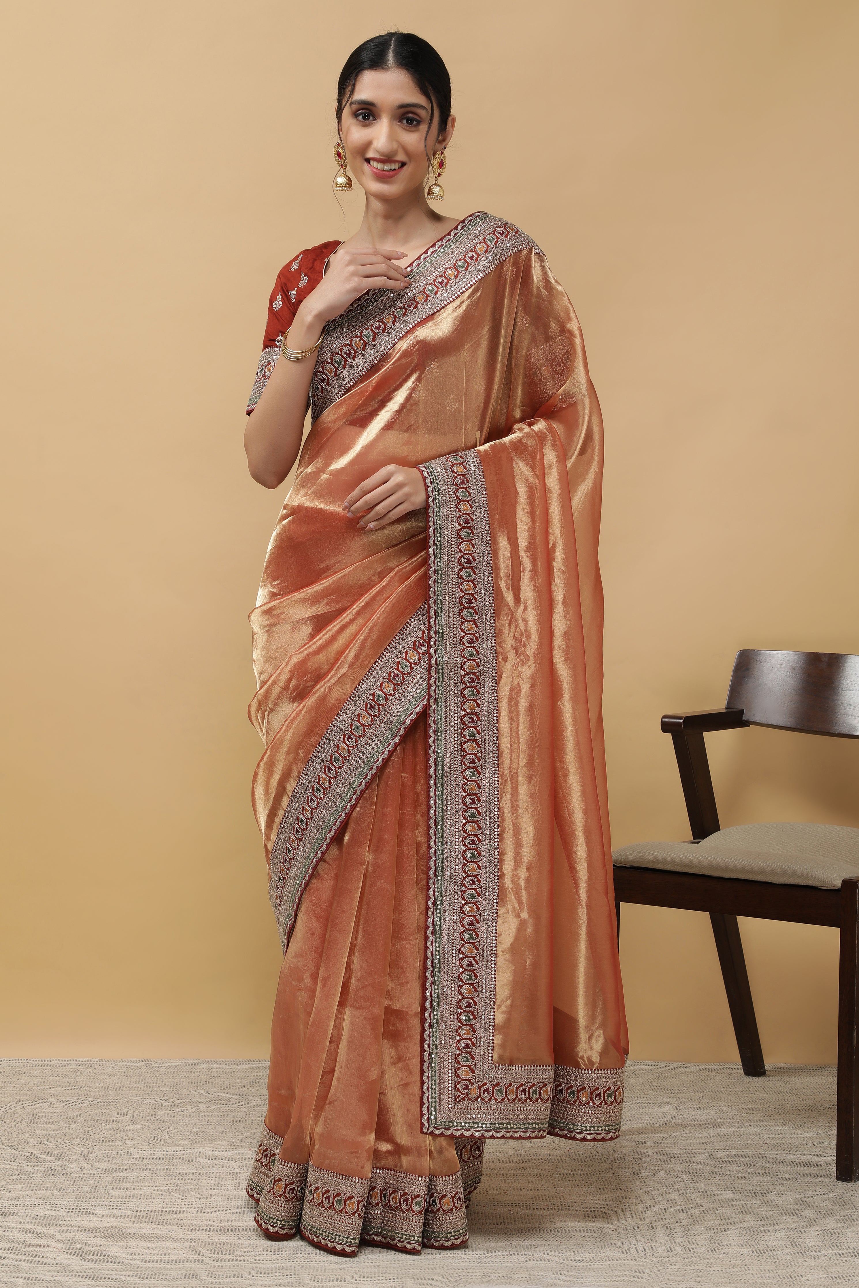 Rust Orange Tissue Saree - Mokshaa