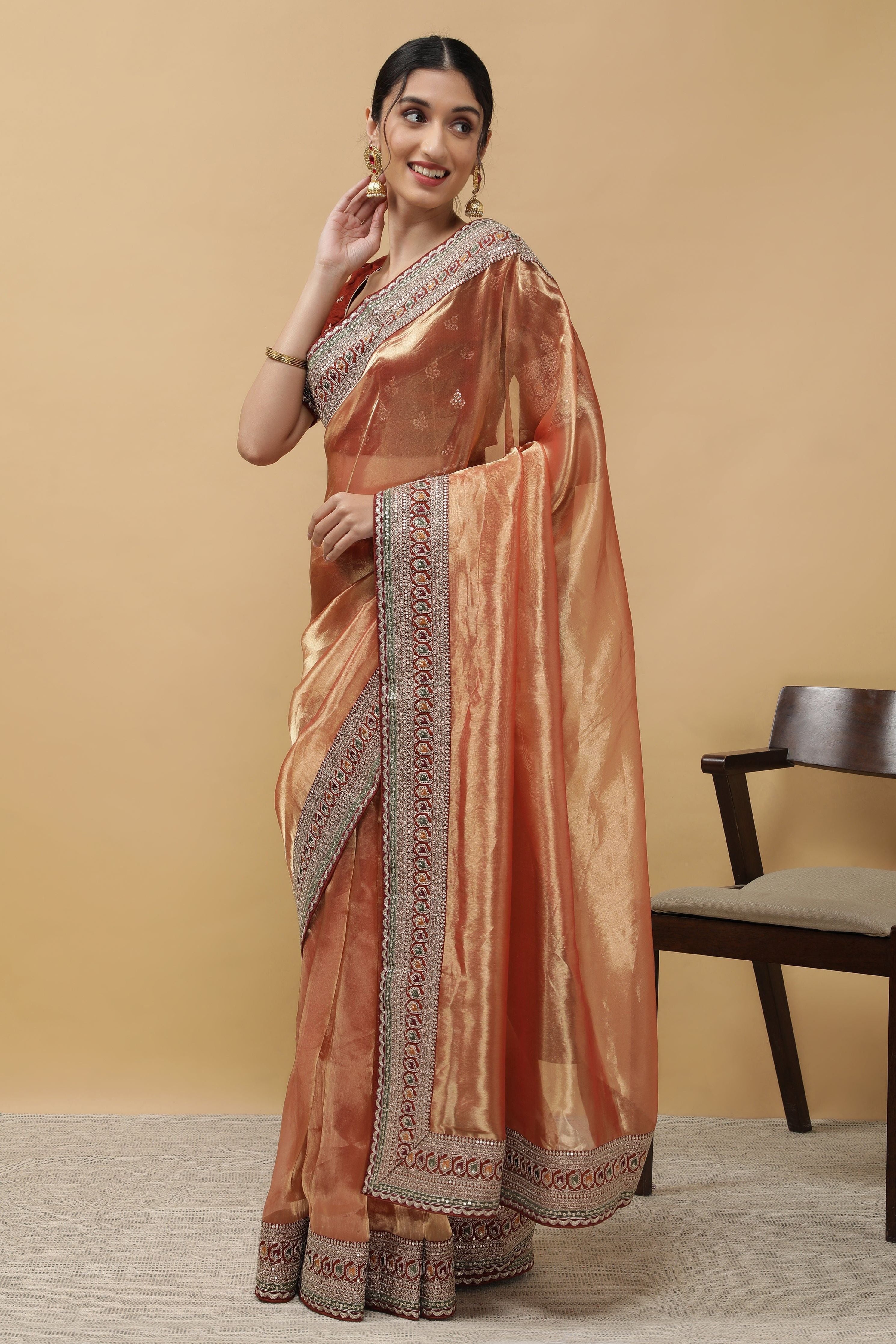 Rust Orange Tissue Saree - Mokshaa