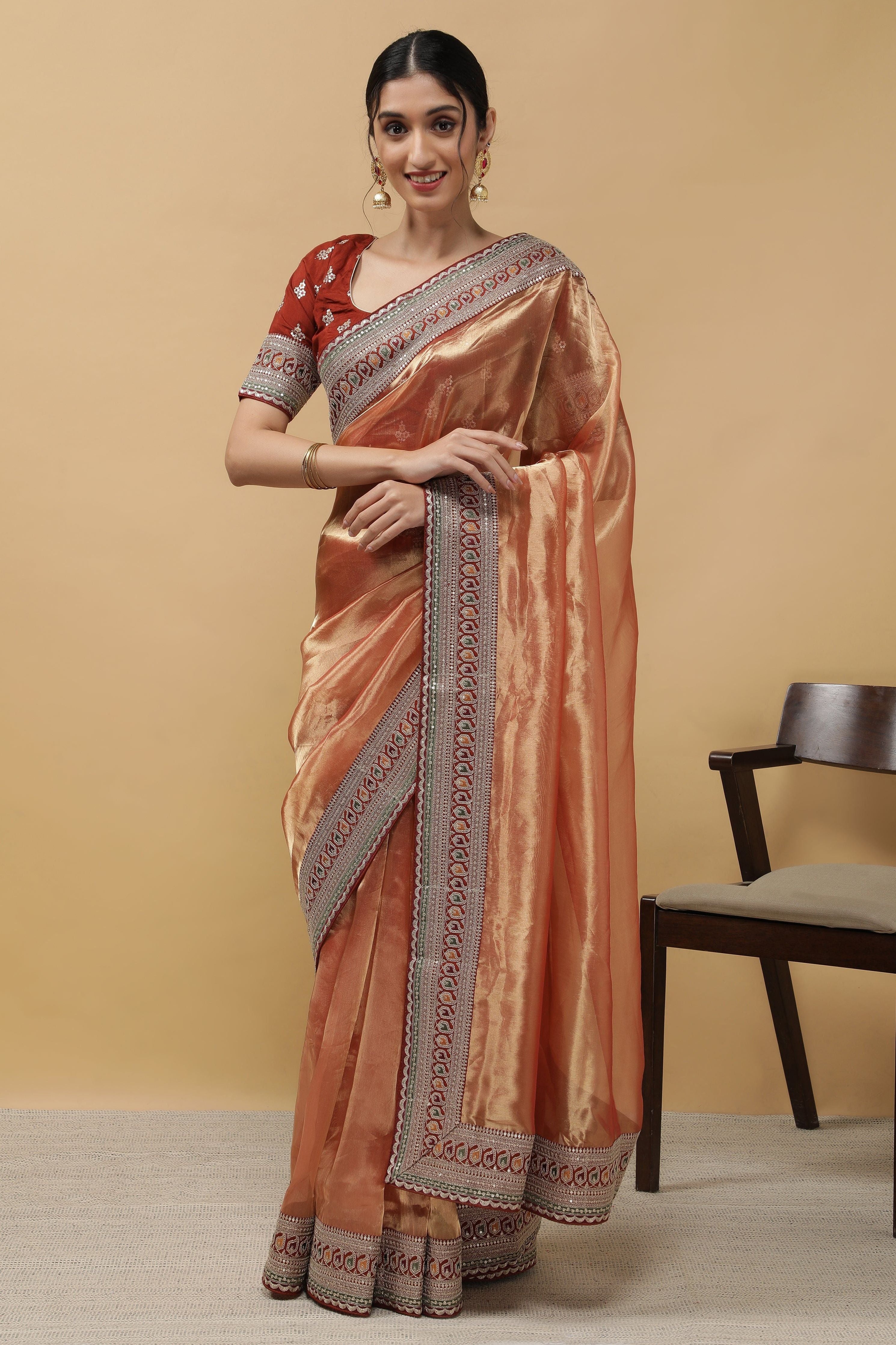 Rust Orange Tissue Saree - Mokshaa