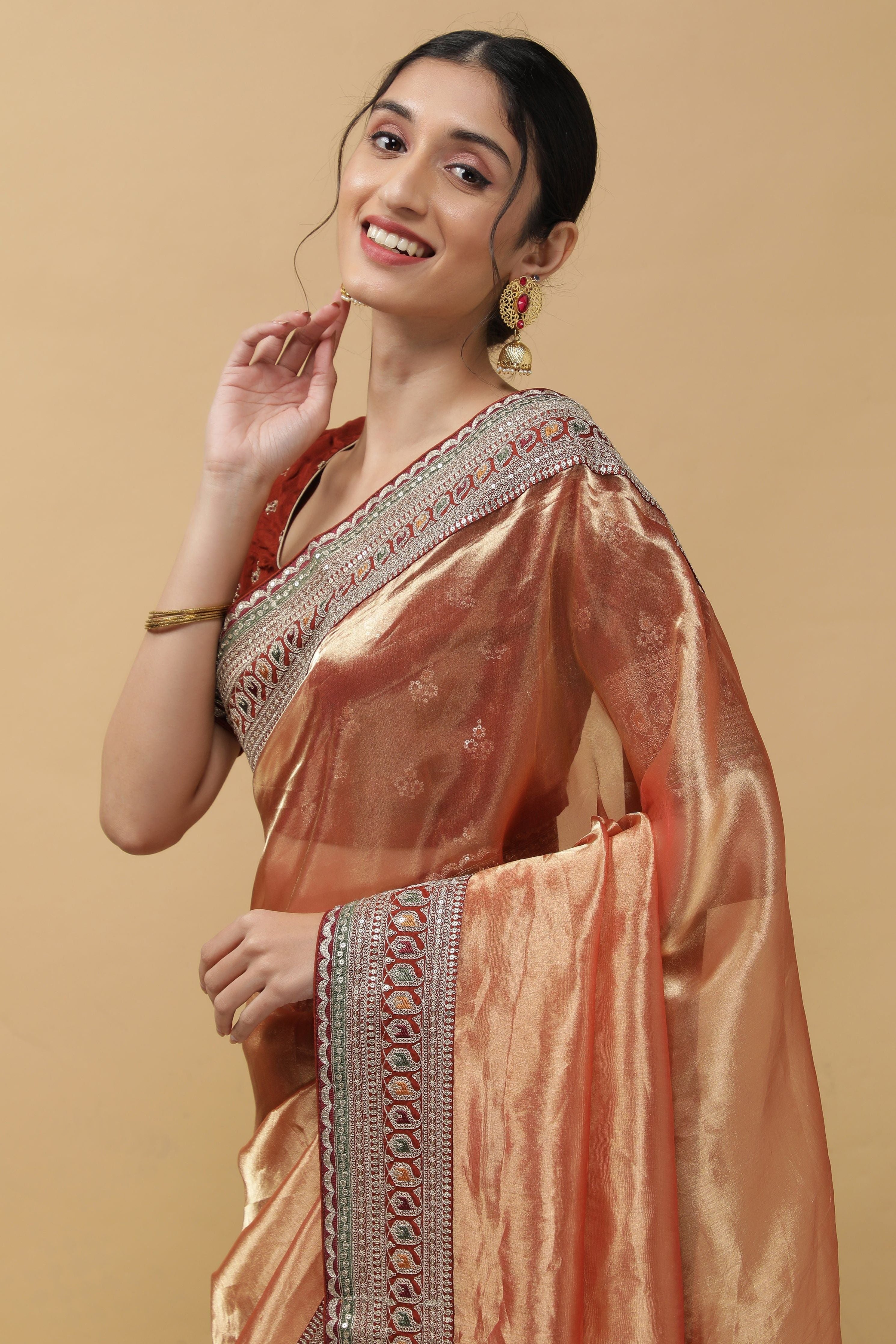 Rust Orange Tissue Saree - Mokshaa