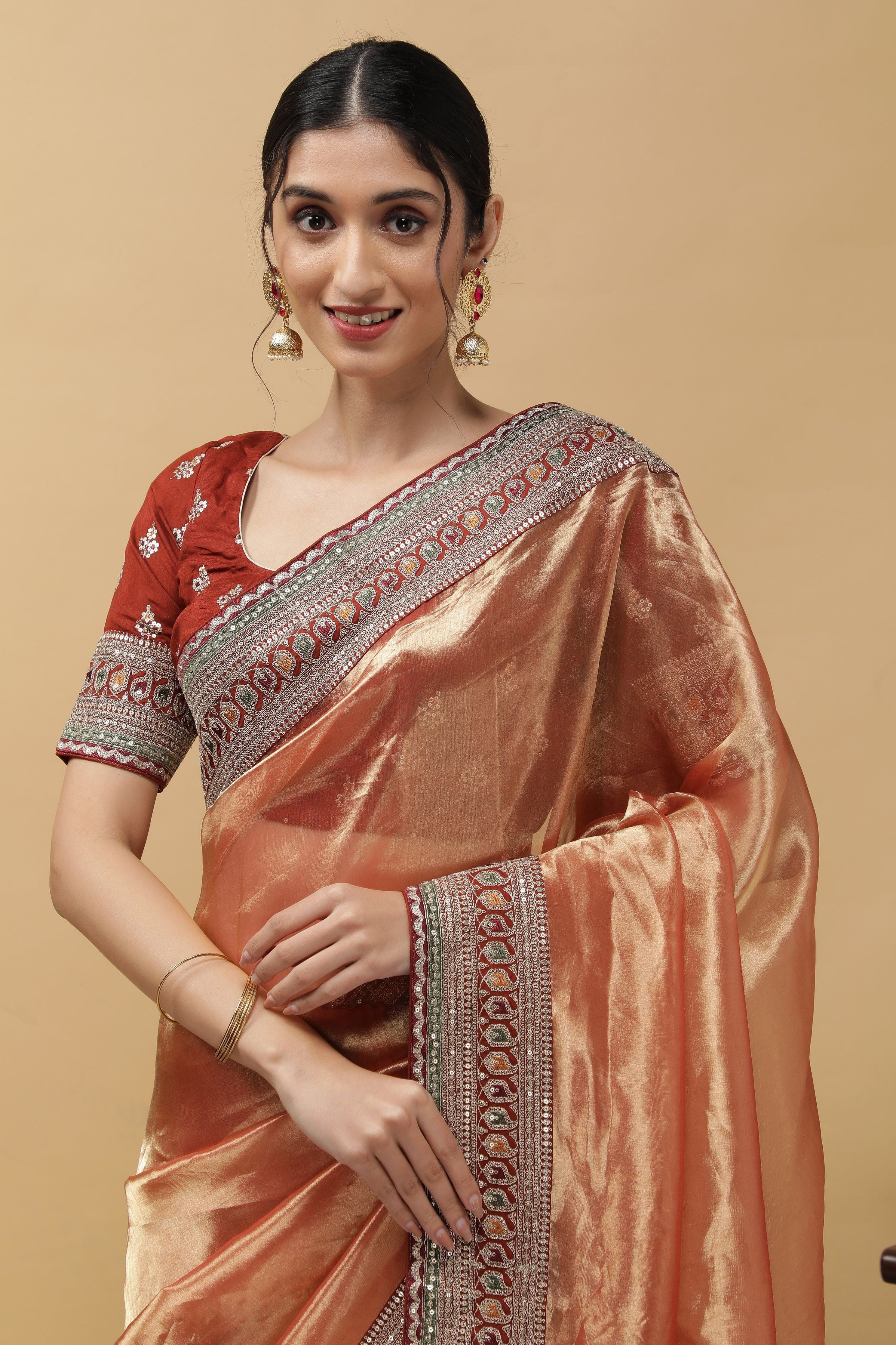 Rust Orange Tissue Saree - Mokshaa