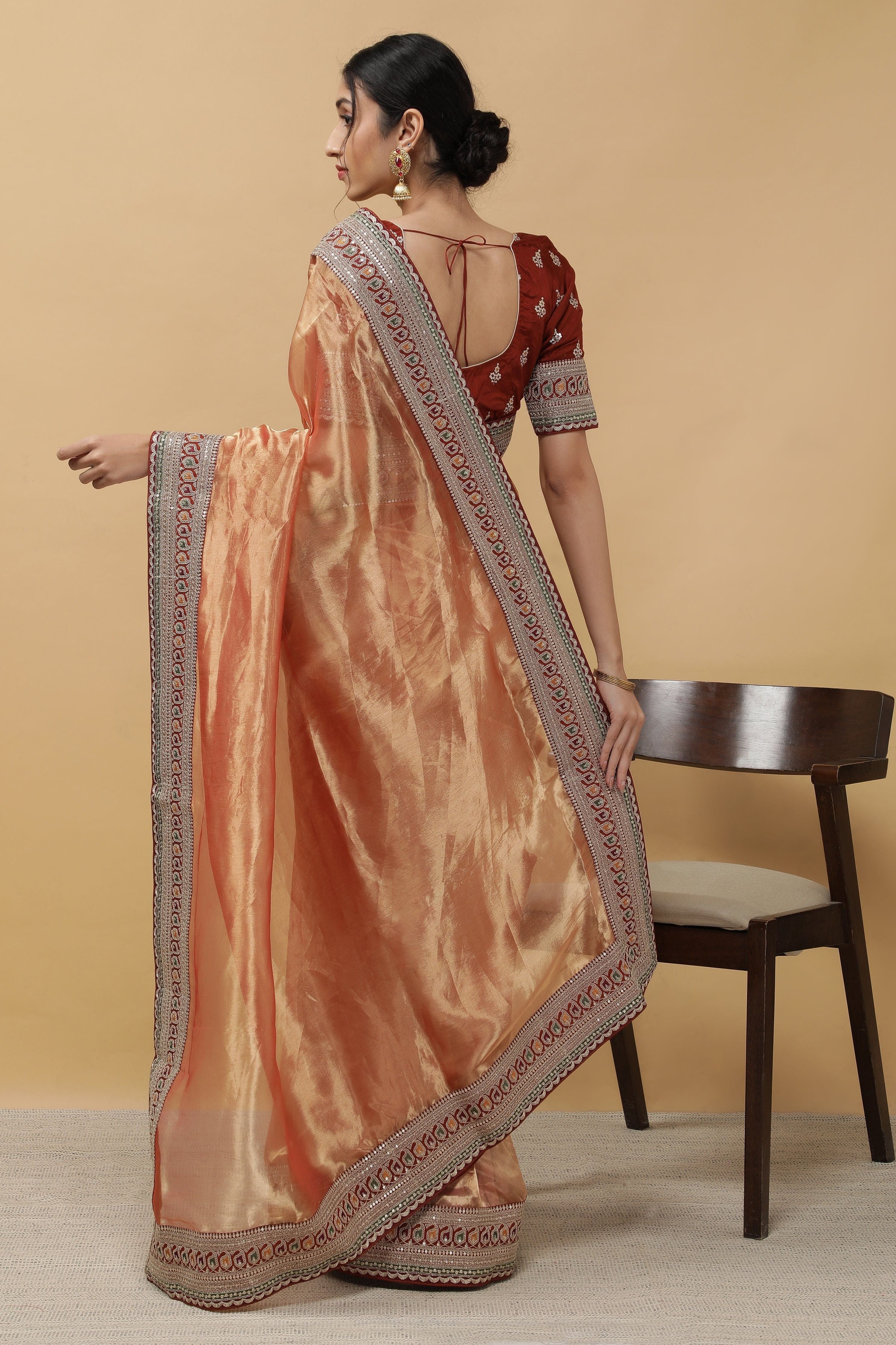 Rust Orange Tissue Saree - Mokshaa