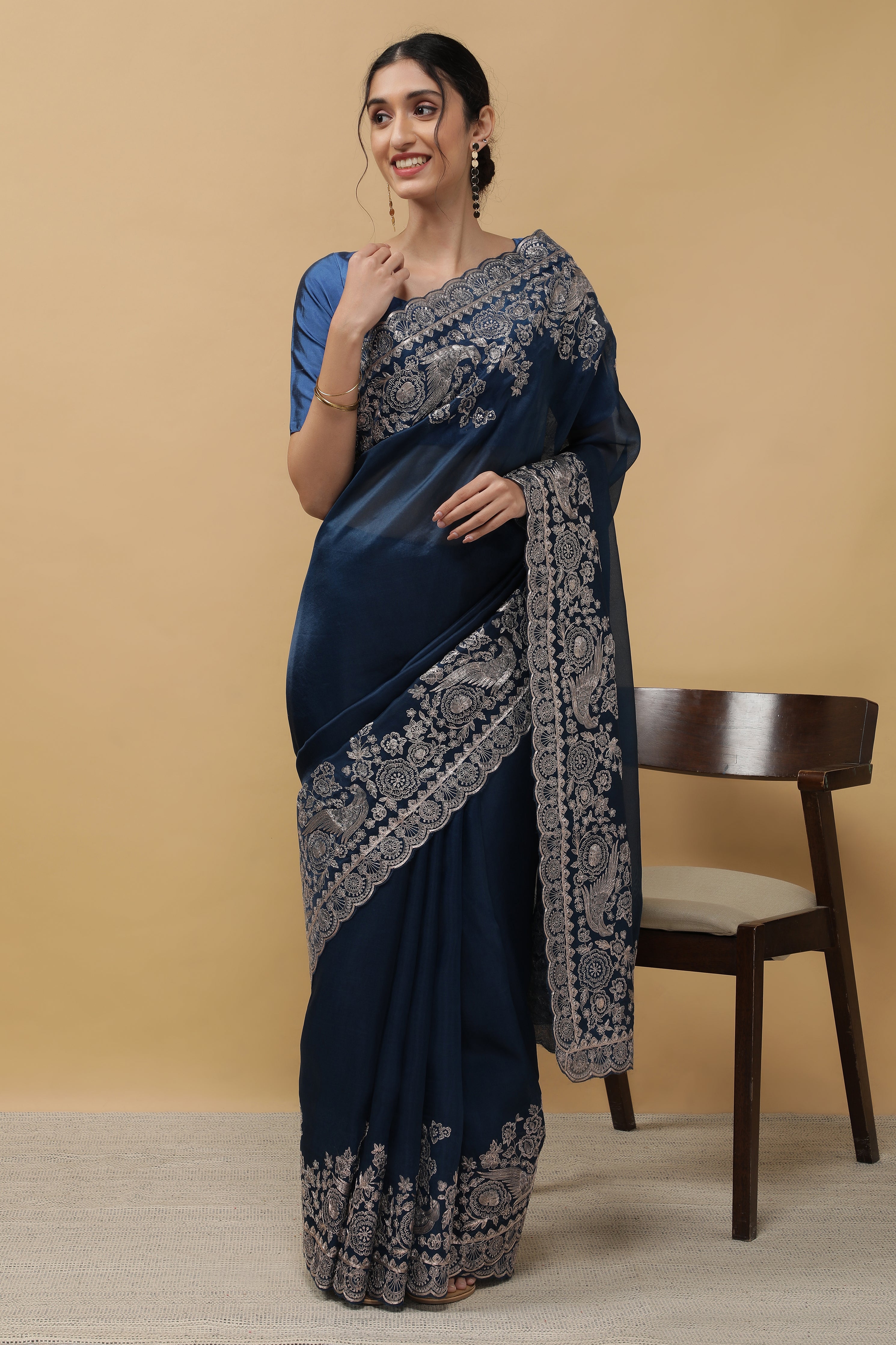 Royal Blue Organza Saree - Mokshaa