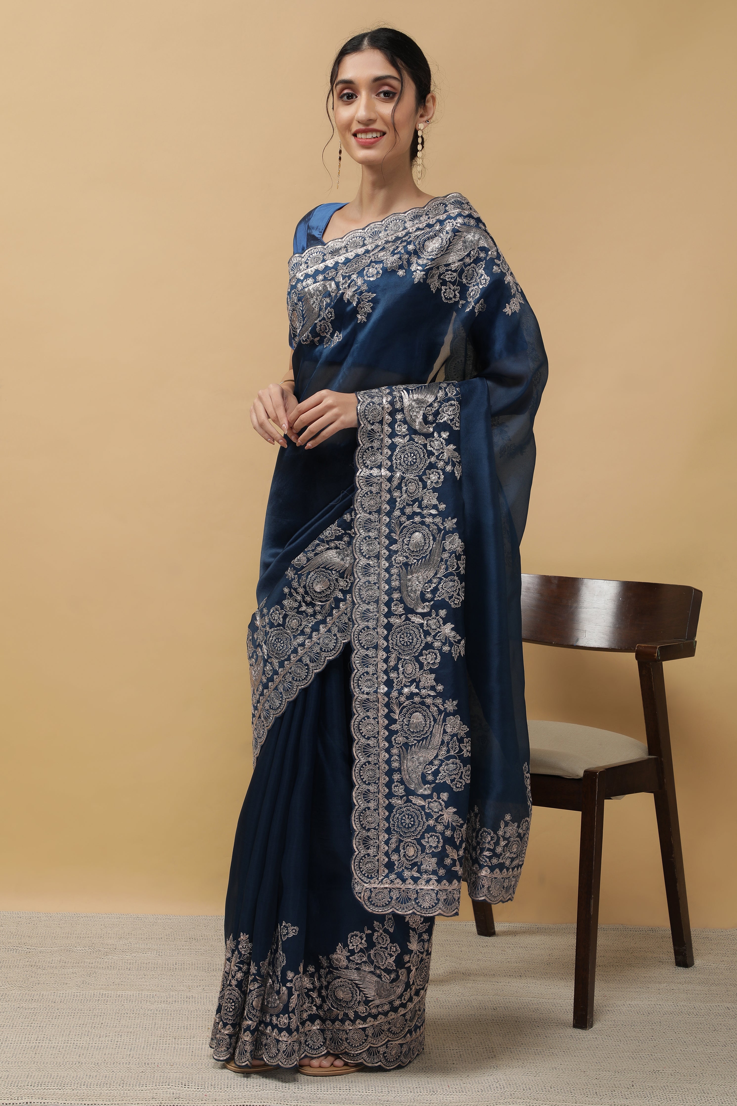 Royal Blue Organza Saree - Mokshaa