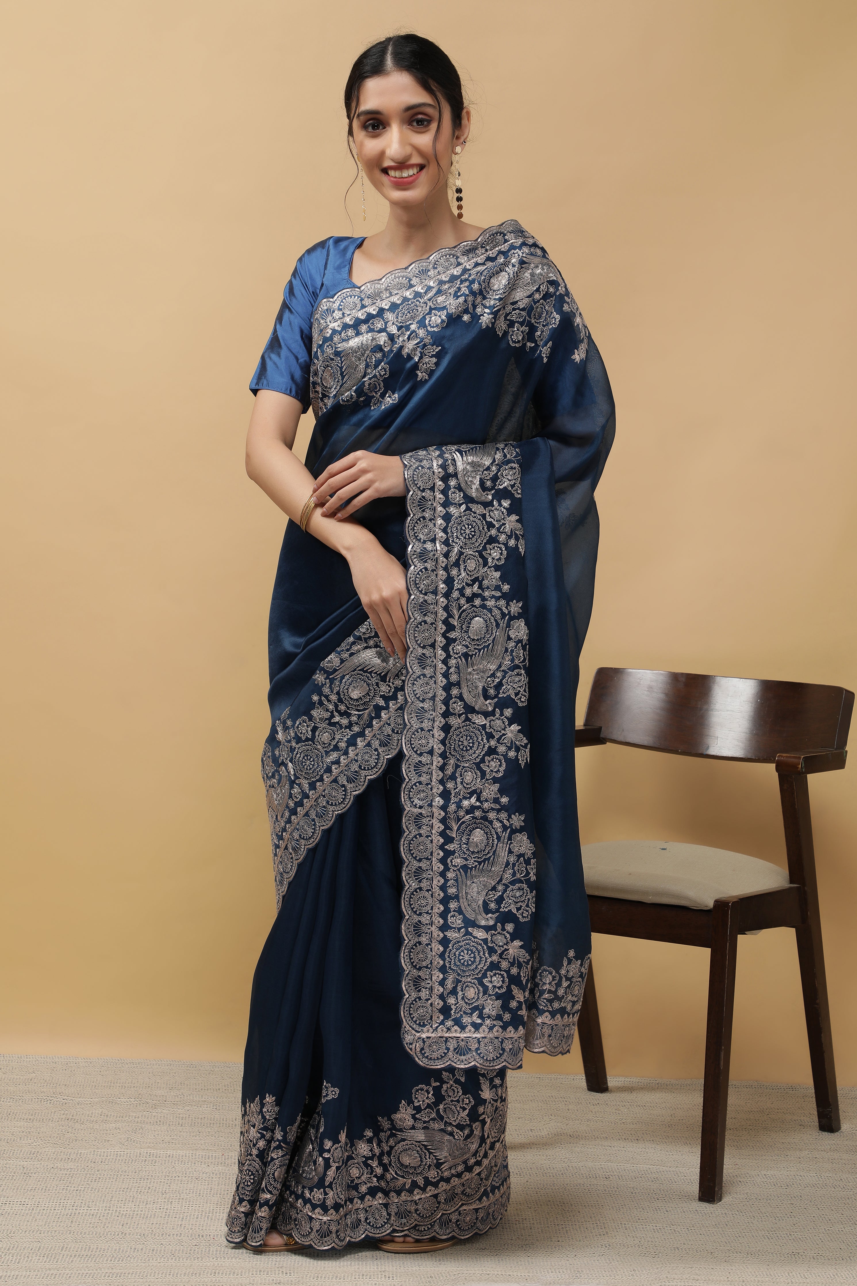 Royal Blue Organza Saree - Mokshaa