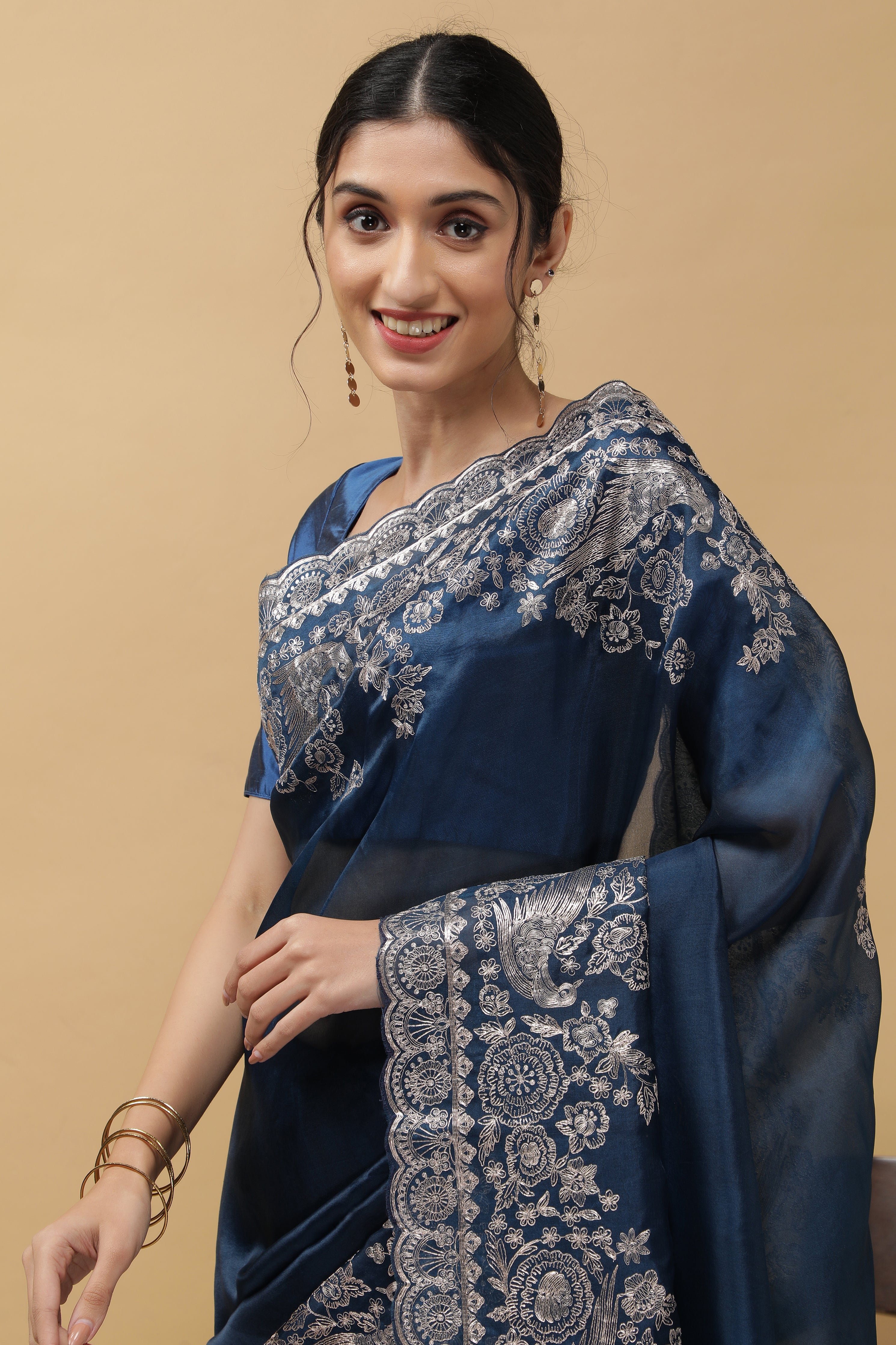 Royal Blue Organza Saree - Mokshaa