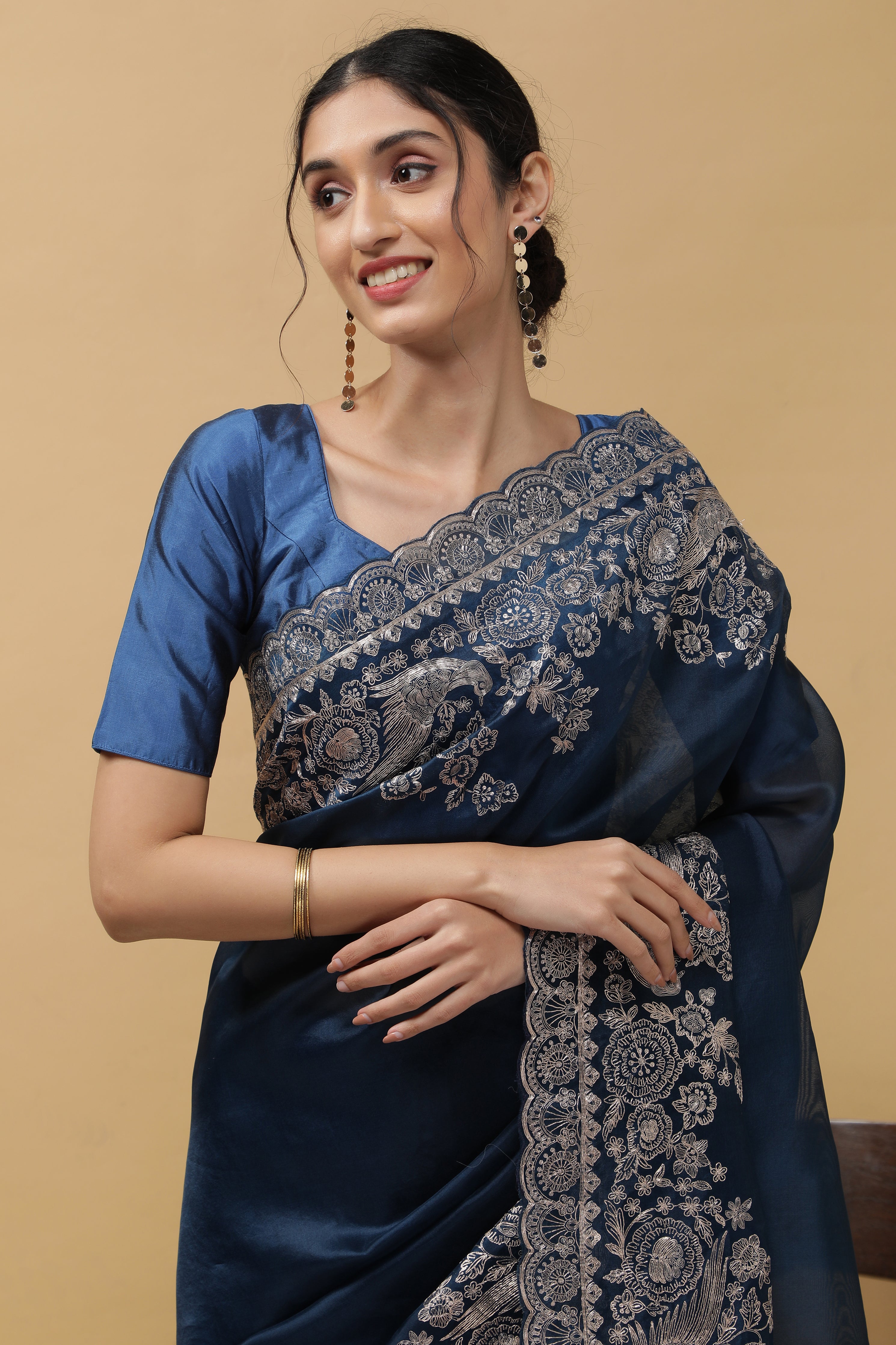 Royal Blue Organza Saree - Mokshaa