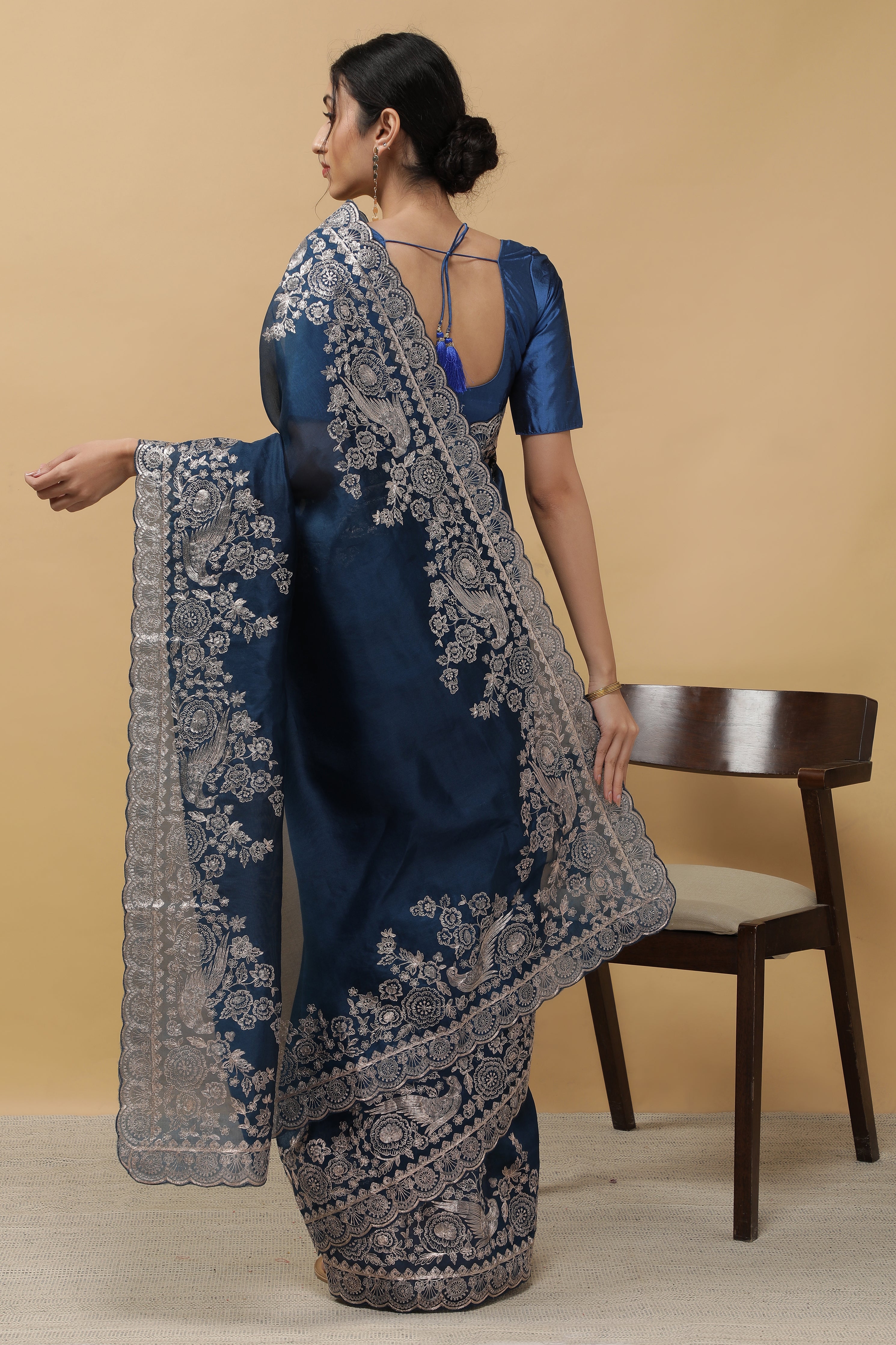 Royal Blue Organza Saree - Mokshaa