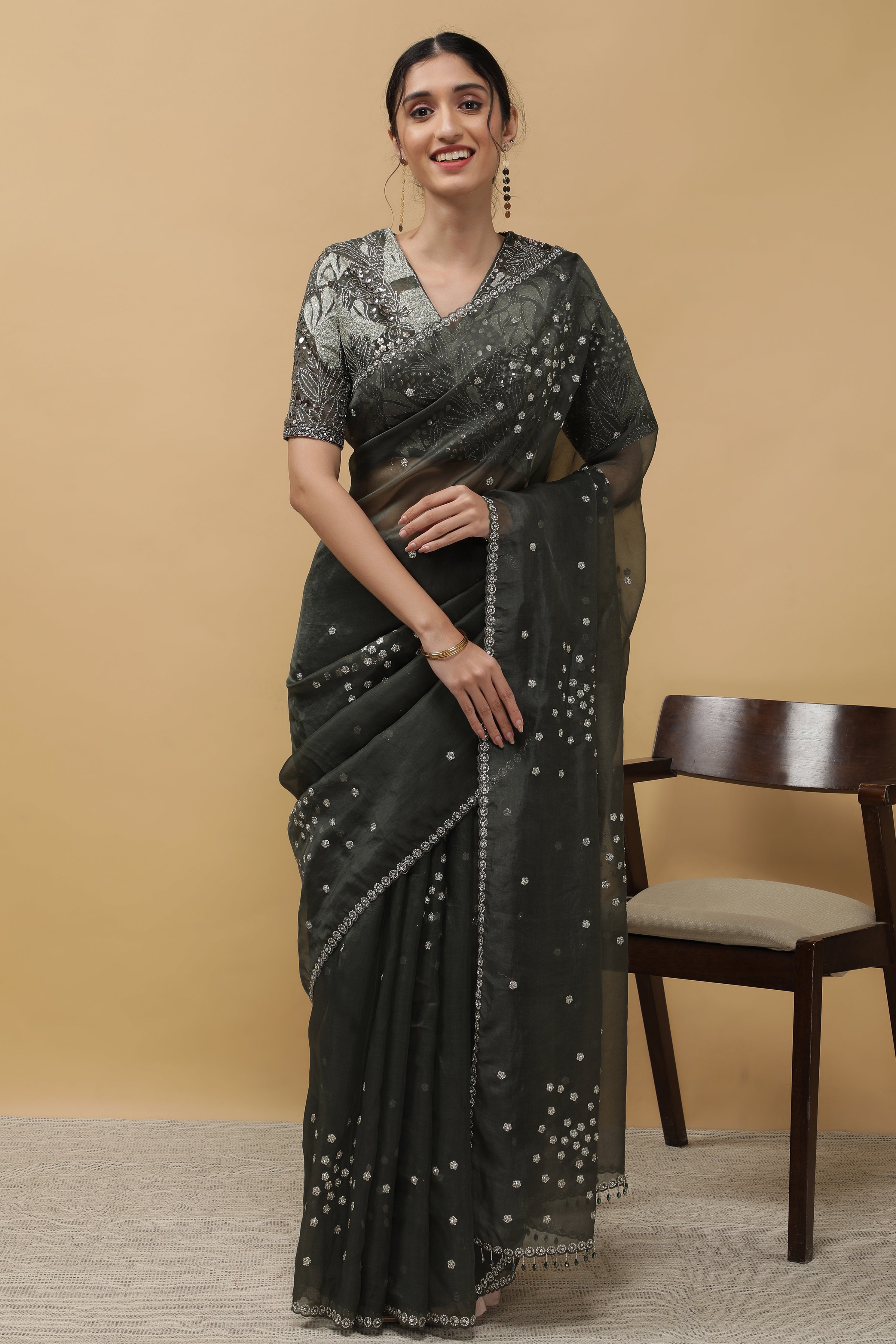 Olive Green Organza Saree - Mokshaa