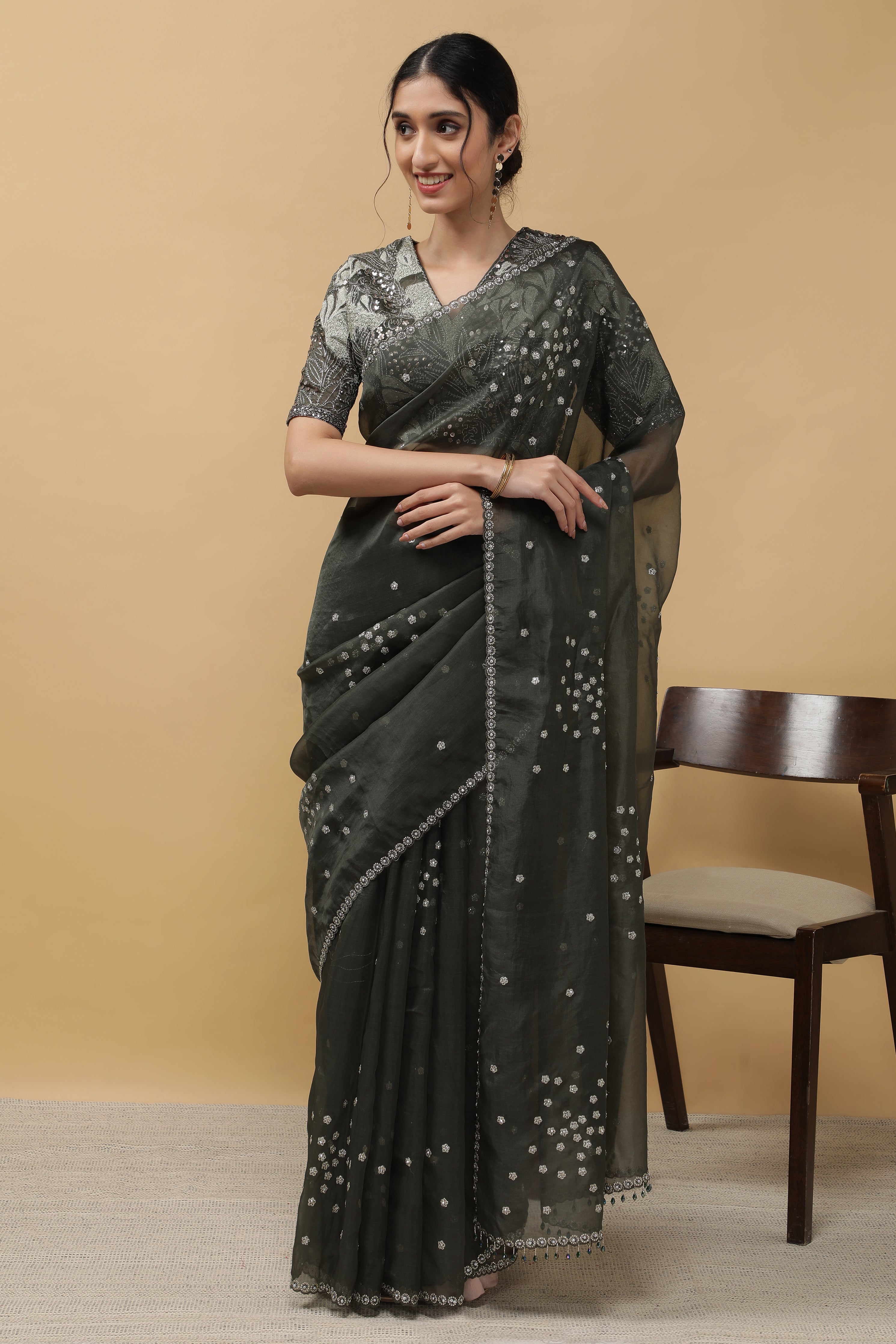 Olive Green Organza Saree - Mokshaa