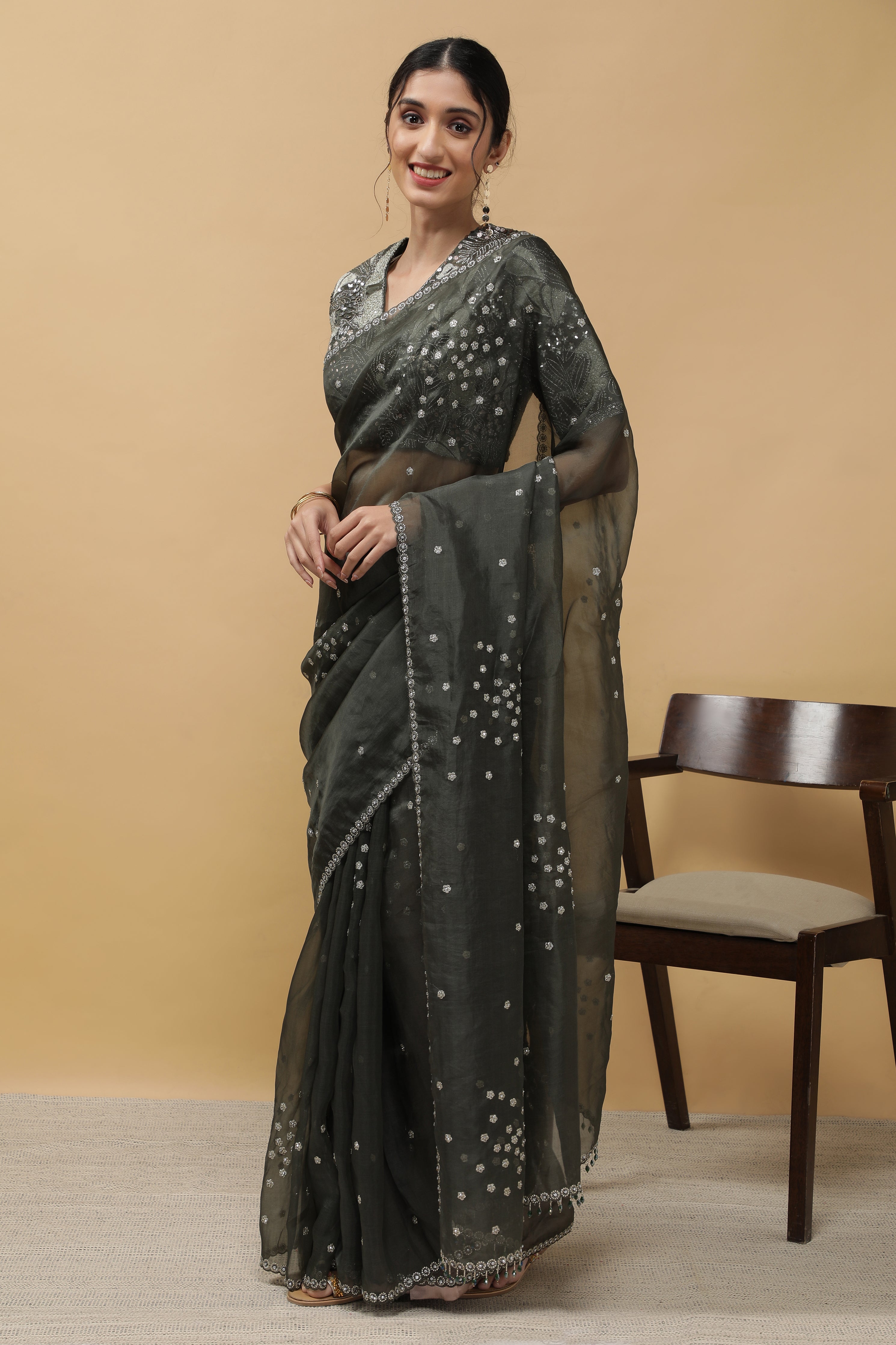 Olive Green Organza Saree - Mokshaa