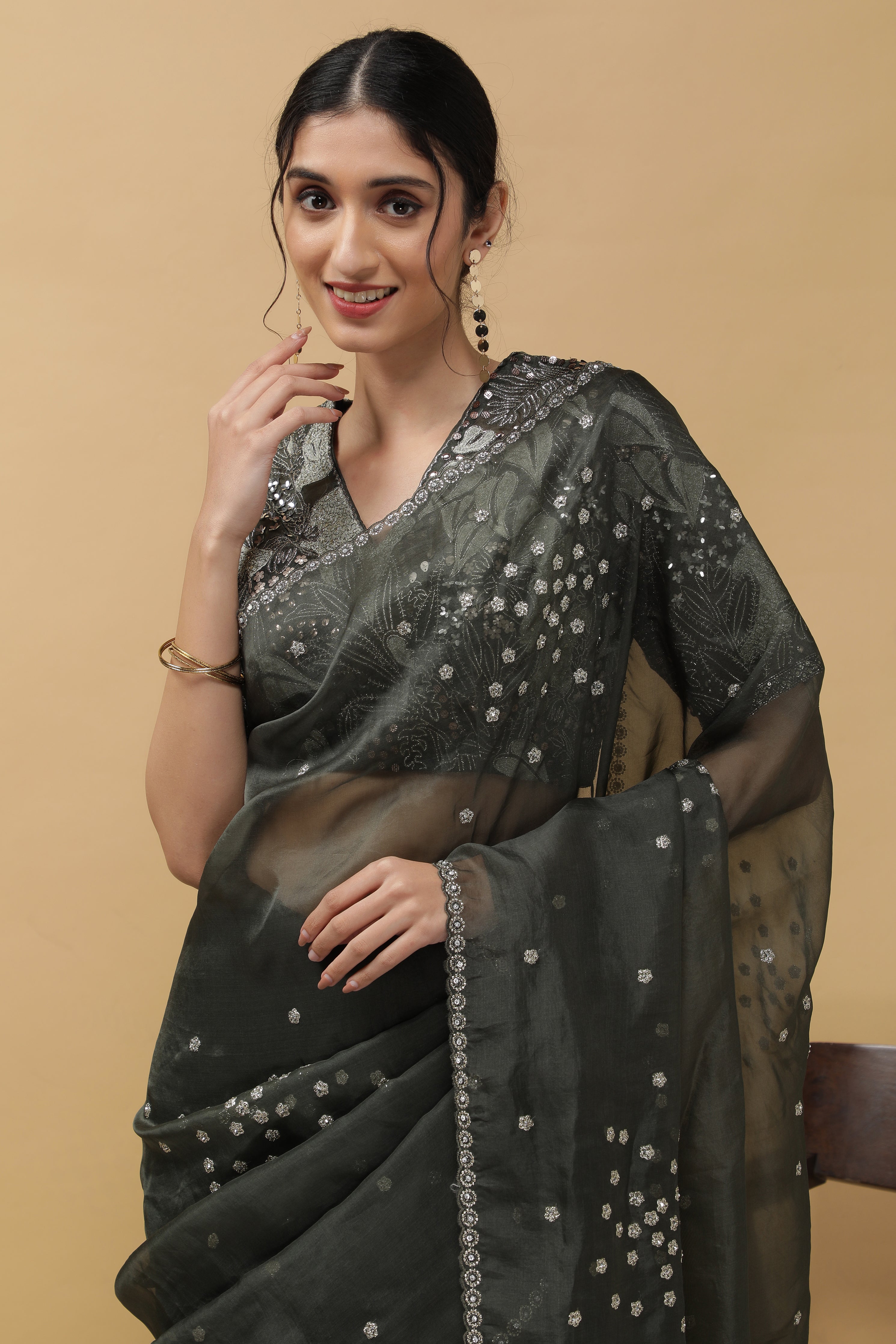 Olive Green Organza Saree - Mokshaa