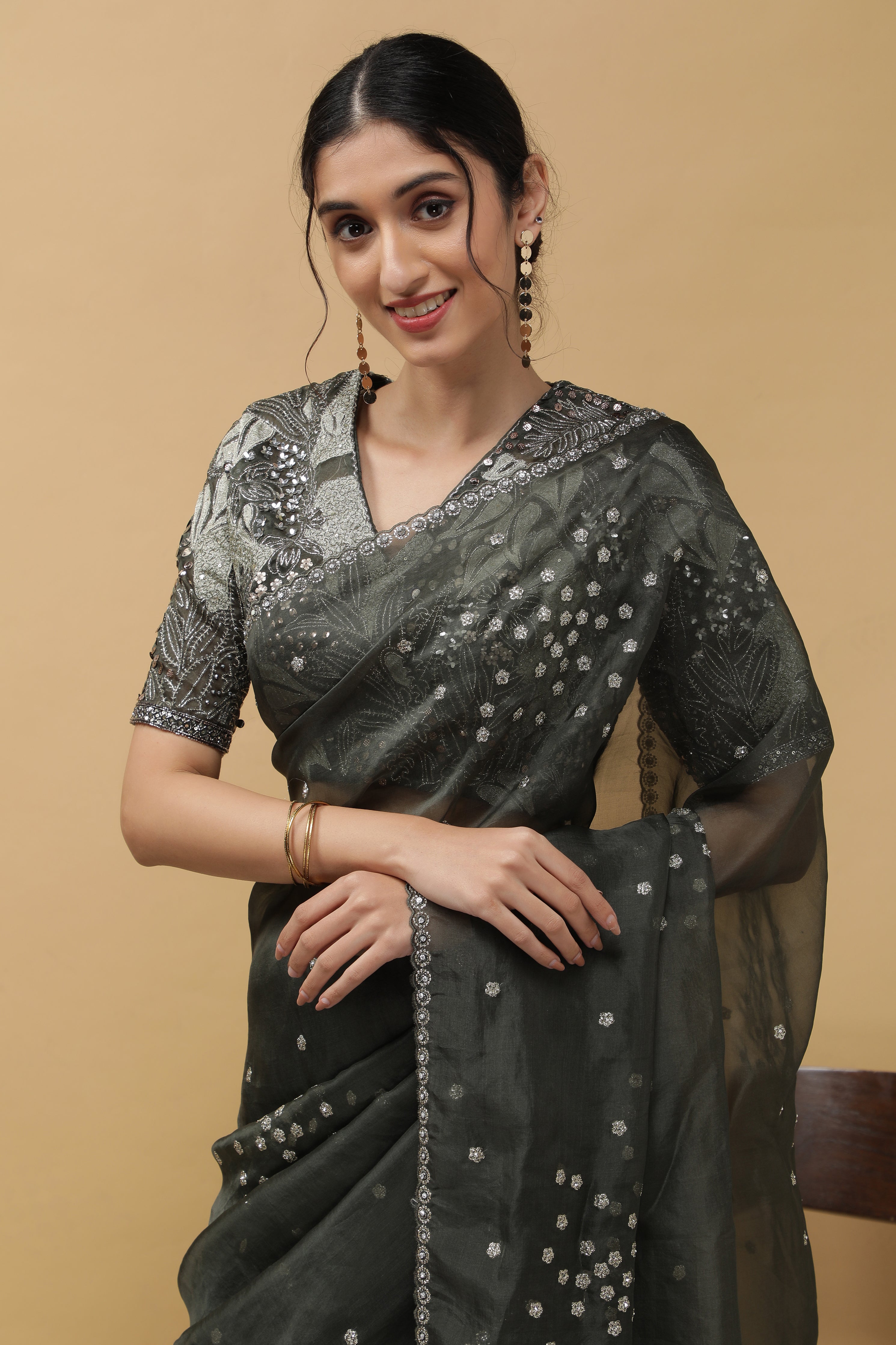 Olive Green Organza Saree - Mokshaa