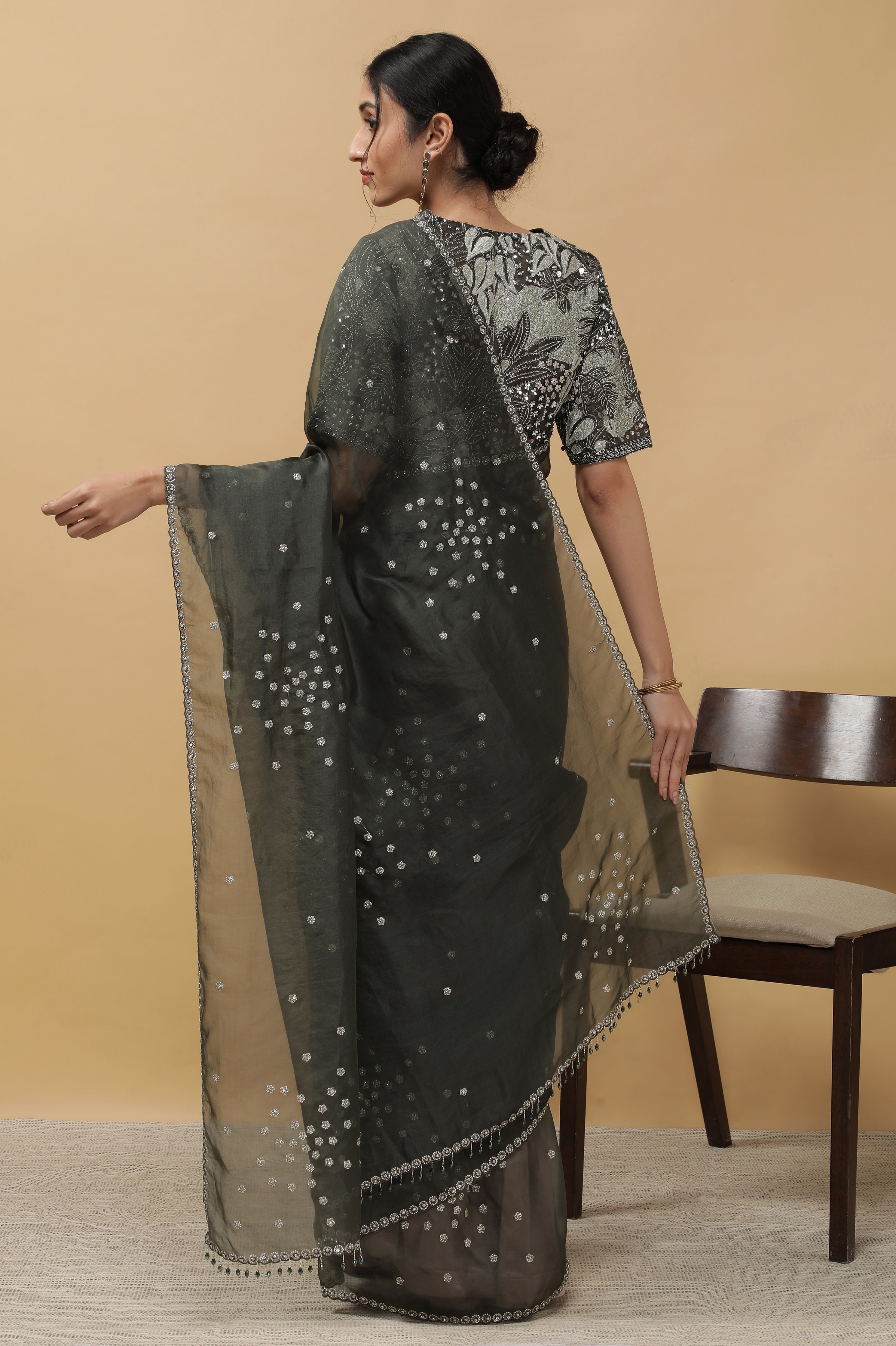 Olive Green Organza Saree - Mokshaa