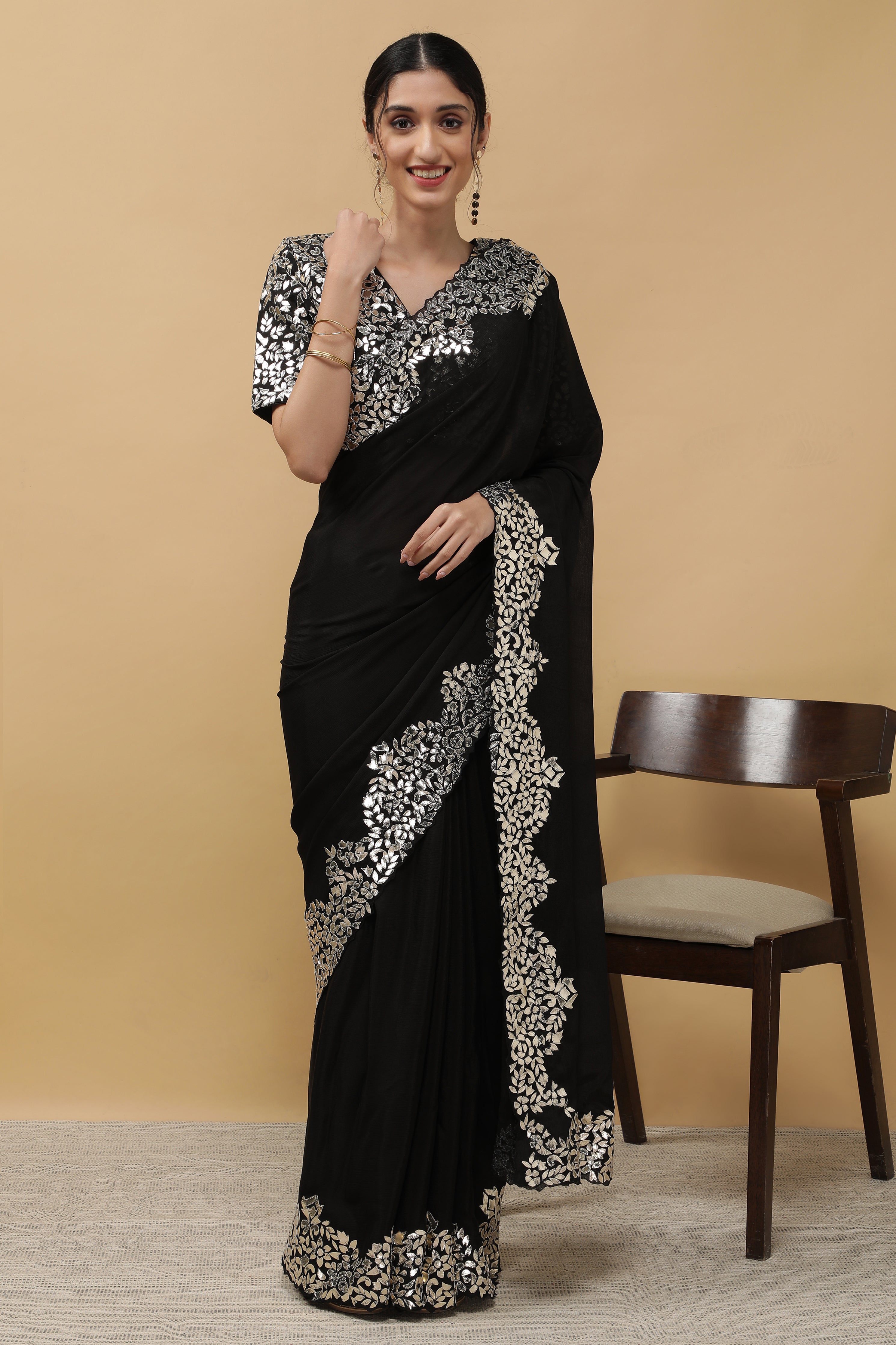 Black Satin Georgette Saree - Mokshaa